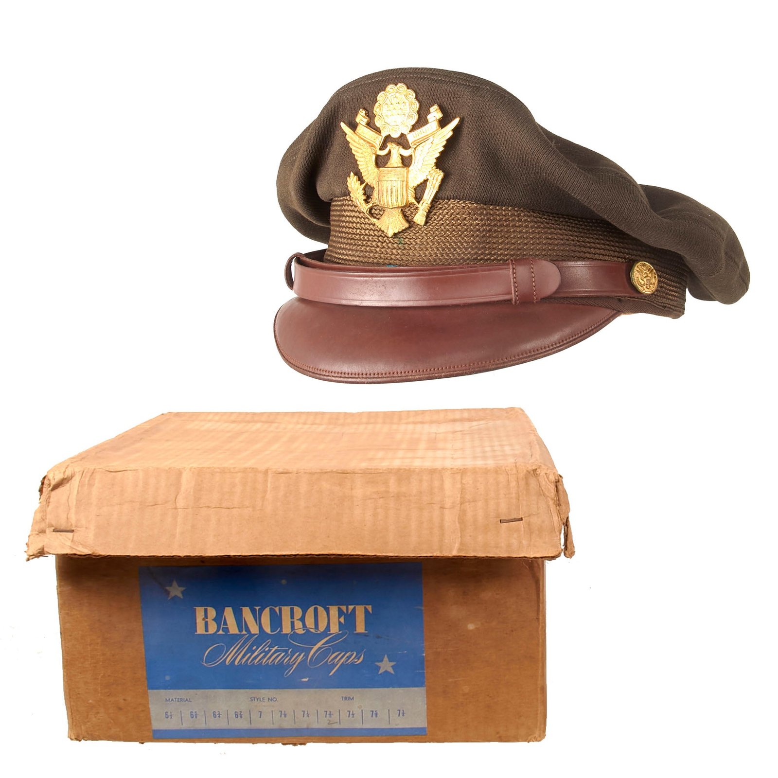 Buy Original U.S. WWII USAAF Flighter by Bancroft Officer Winter Crush Visor Cap in Original Bancroft “War Emergency Container” Box - Size 7⅜ | Original Firearms Antique For Sale