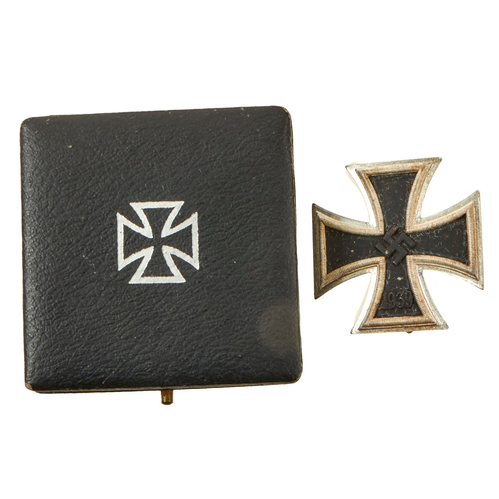 Buy Original German WWII Iron Cross First Class 1939 with Pinback in Damaged Case - EKI - Unmarked | Original Firearms Antique For Sale