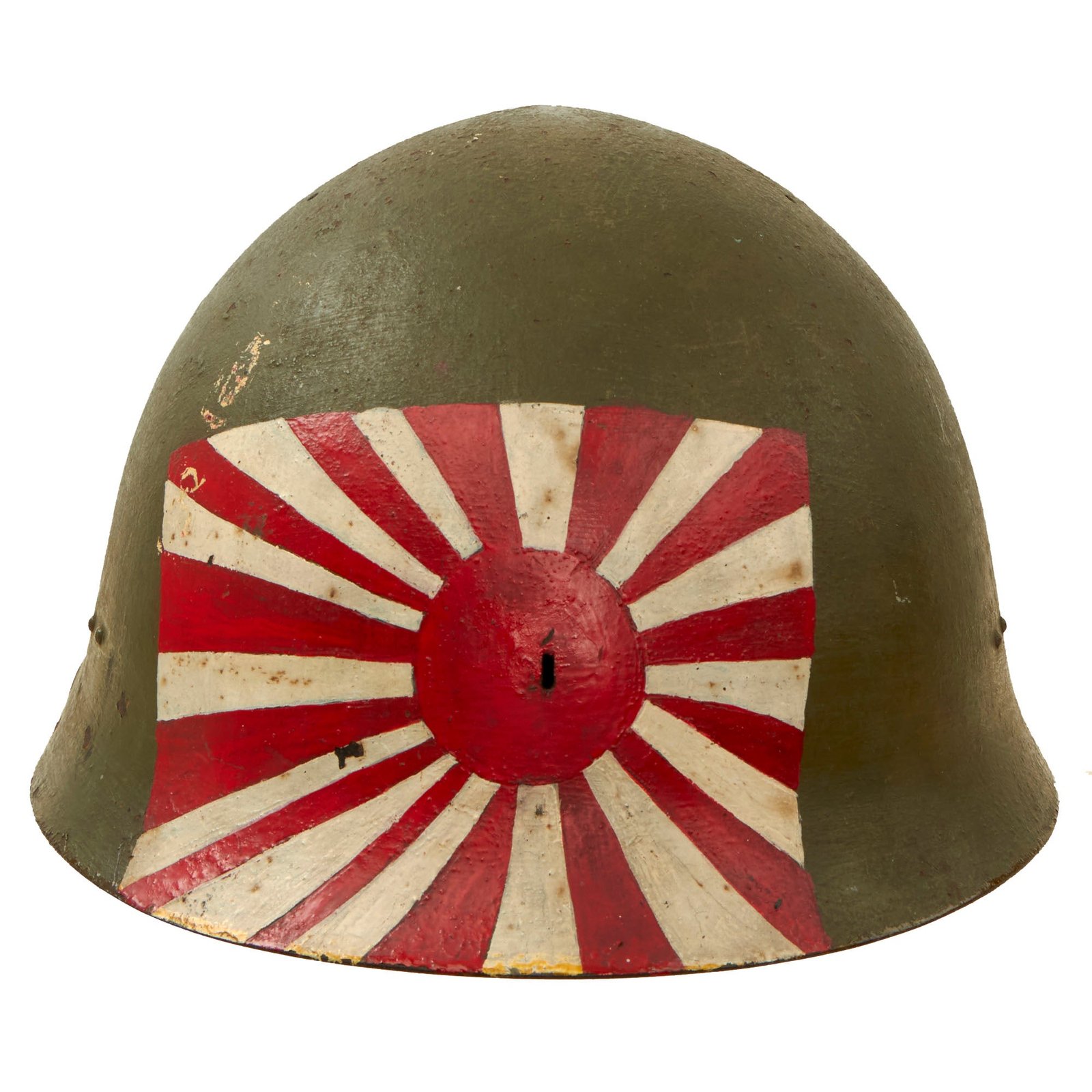 Buy Original Japanese WWII U.S. G.I. Captured & Painted Battle-Damaged Type 90 Army Helmet with Relic Liner - No Star | Original Firearms Antique For Sale