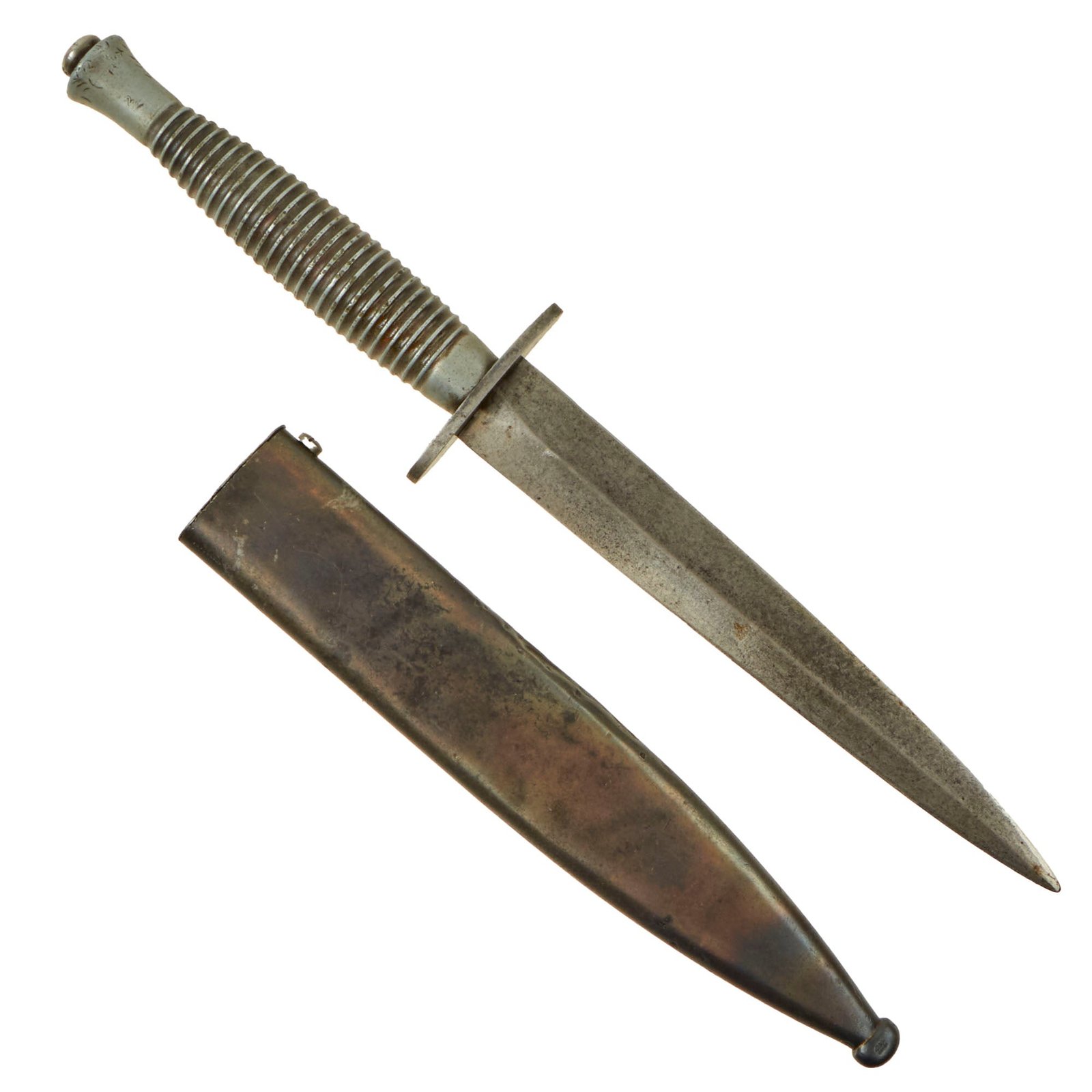 Buy Original British WWII Early Import-Marked 3rd Pattern Broad Arrow Marked Fairbairn-Sykes Fighting Knife with Custom-Made Captured German K98 Bayonet Scabbard | Original Firearms Antique For Sale