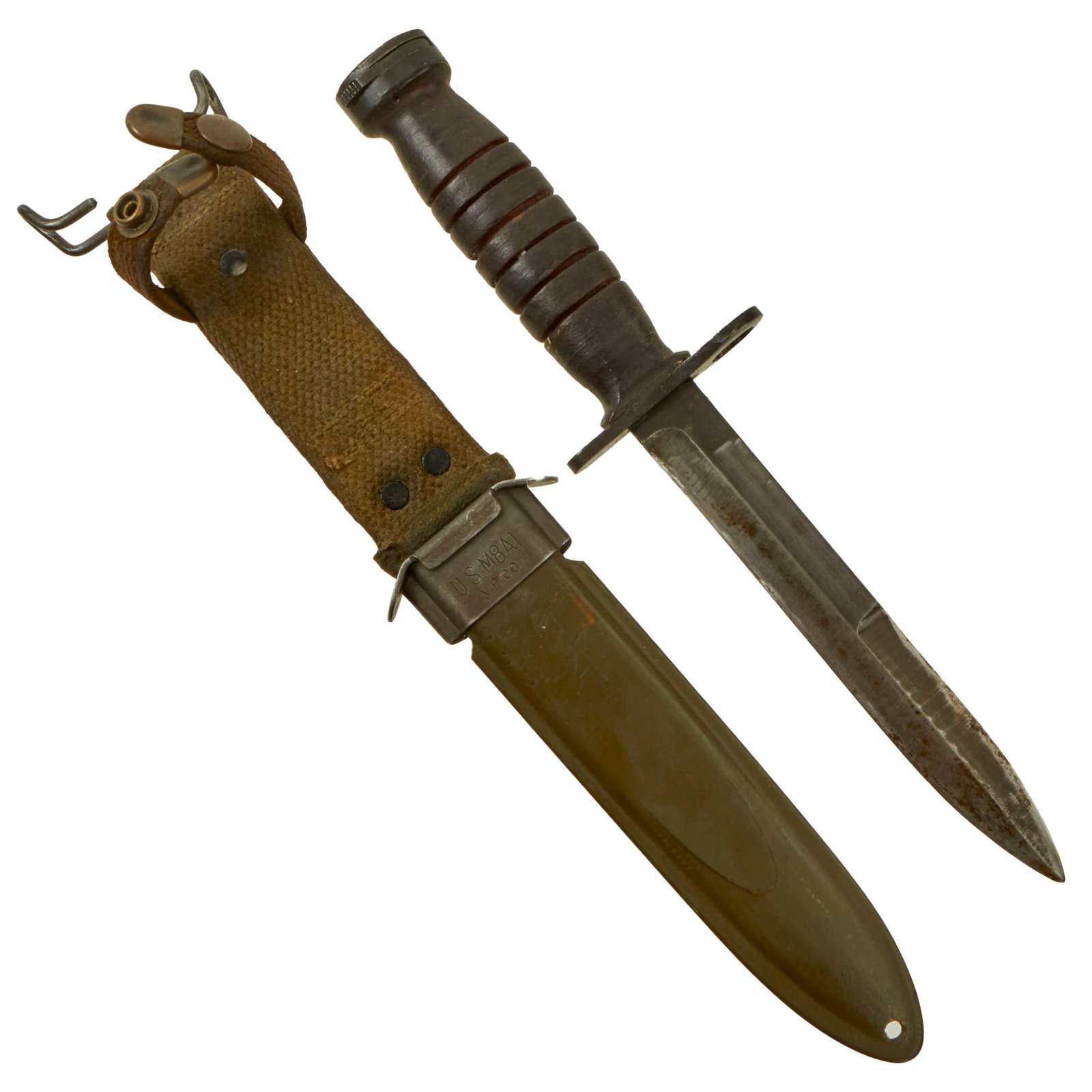 Original U.S. WWII M4 Bayonet by Utica Cutlery for the M1 Carbine with M8A1 Scabbard by V.P. Co