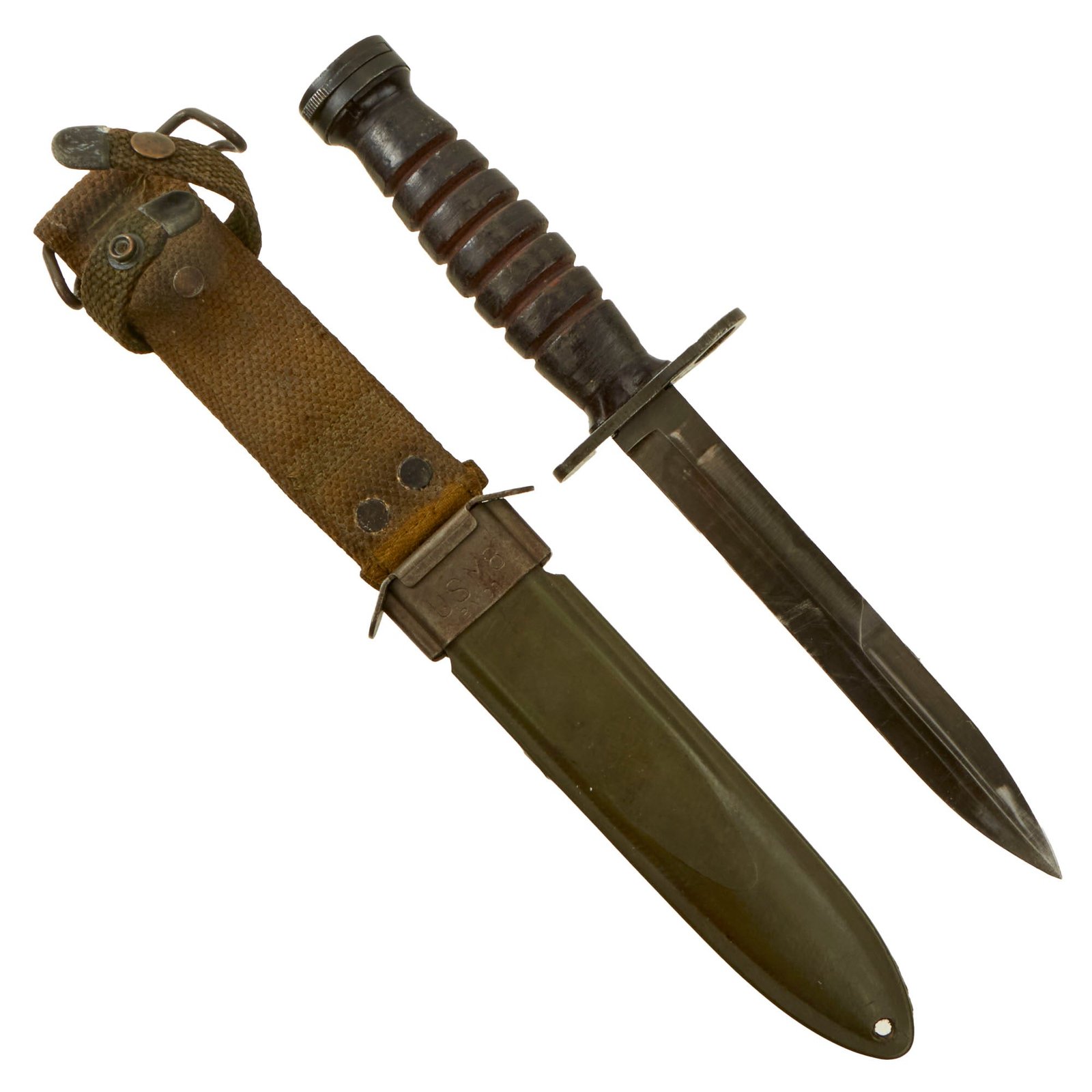 Buy Original U.S. WWII M4 Bayonet for the M1 Carbine by IMPERIAL with Updated M8 Scabbard by B.M. Co. | Original Firearms Antique For Sale
