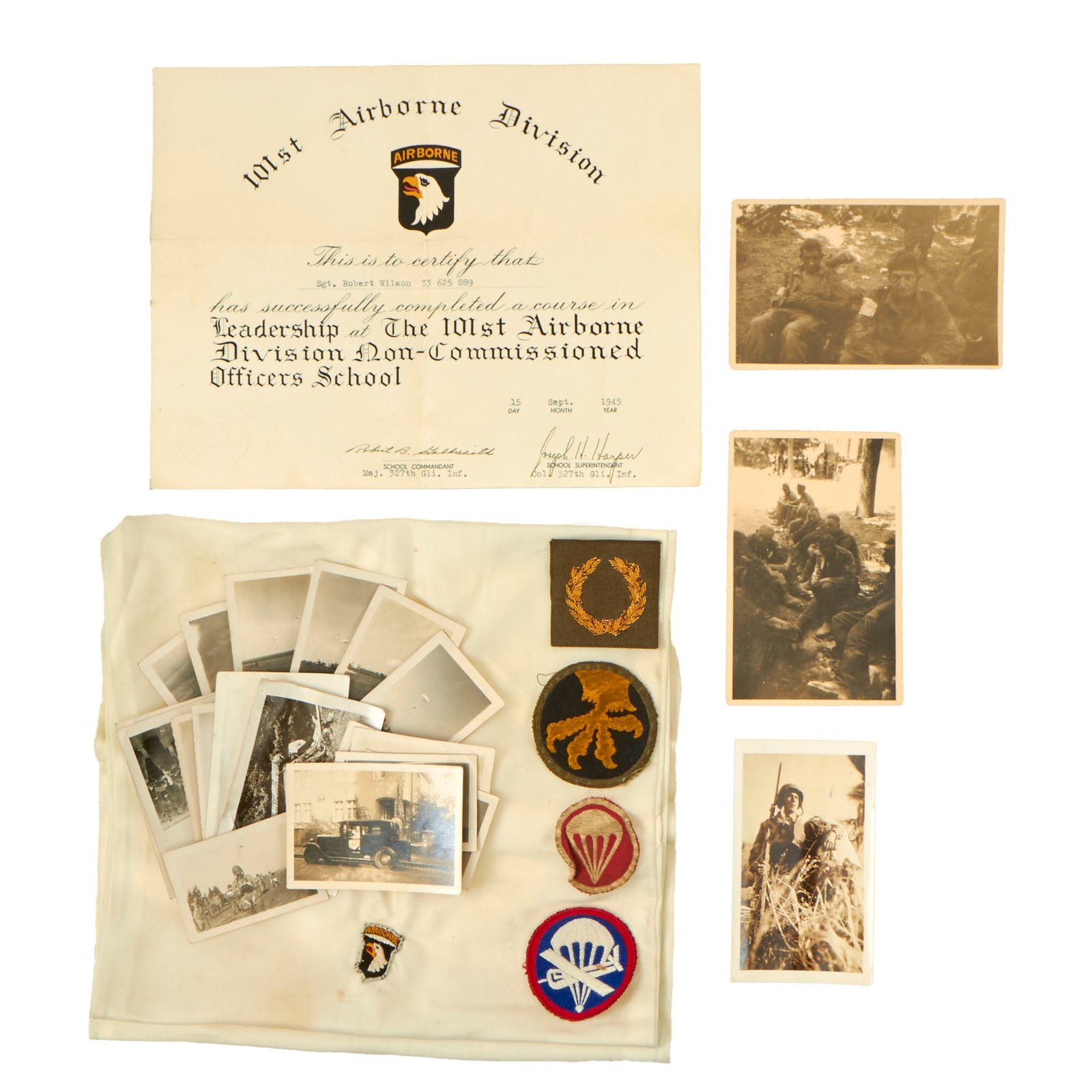 Buy Original U.S. WWII 101st Airborne Unpublished Photograph Grouping with Patches, NCO School Certificate & Scarf - Sergeant Robert Wilson, 327th GIR | Original Firearms Antique For Sale