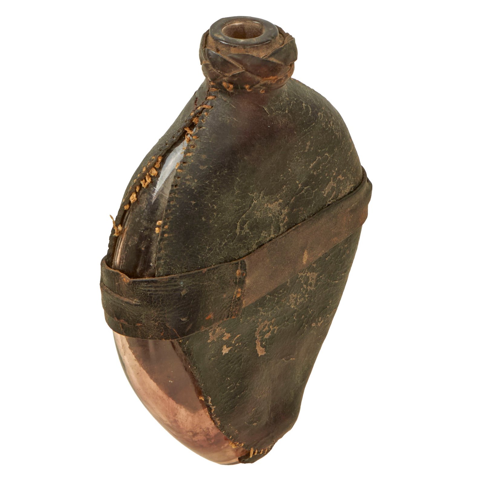 Buy Original U.S. Revolutionary War Era Scarce Leather-Covered Glass Water Bottle Used as Canteen | Original Firearms Antique For Sale