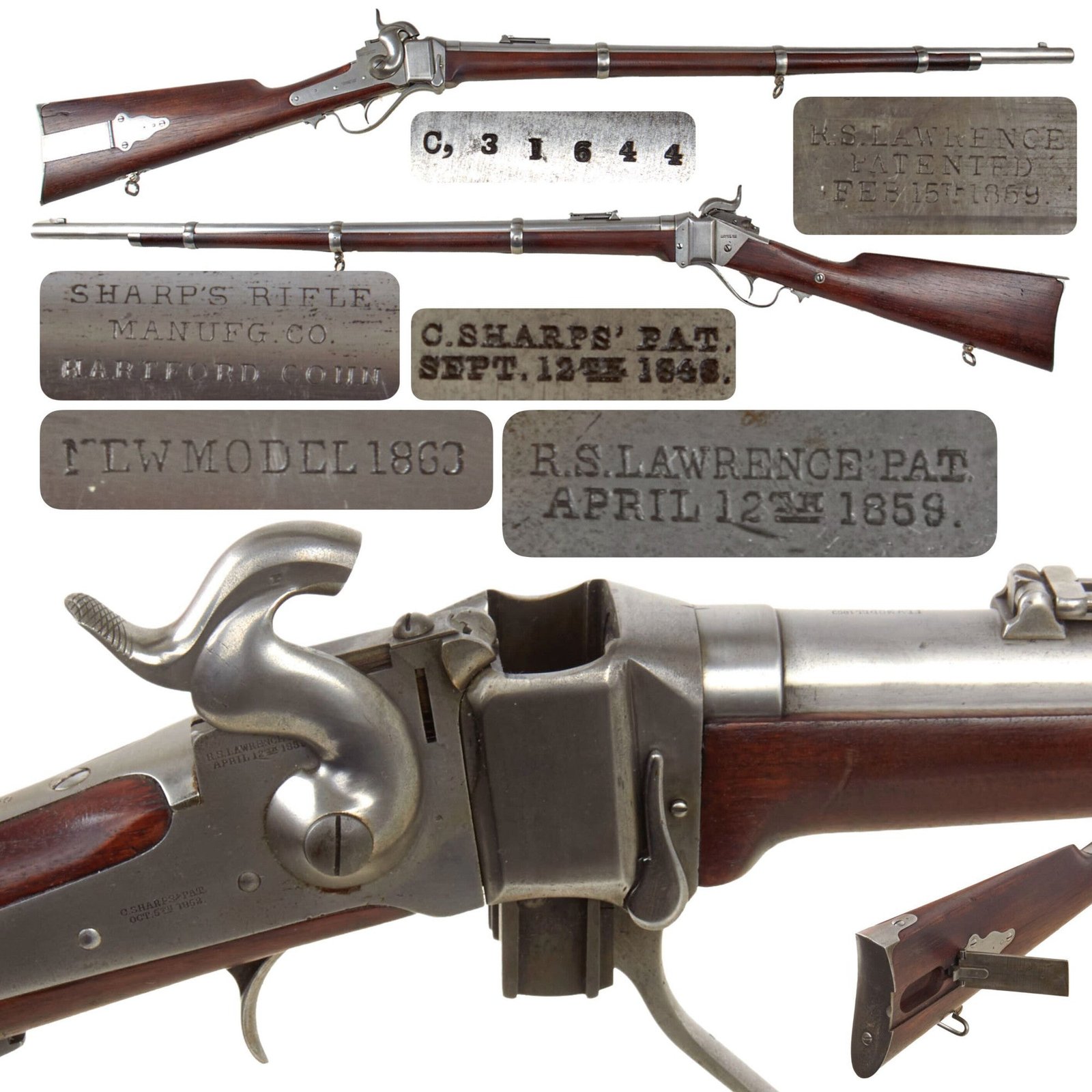 Original U.S. Civil War Excellent Sharps Vertical Breech New Model 1863 Military Rifle - Serial C,31644