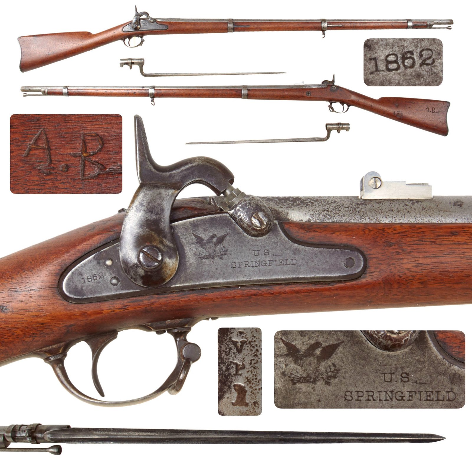 Original U.S. Civil War Springfield Model 1861 Rifled Musket by Springfield Arsenal with Socket Bayonet - Dated 1862