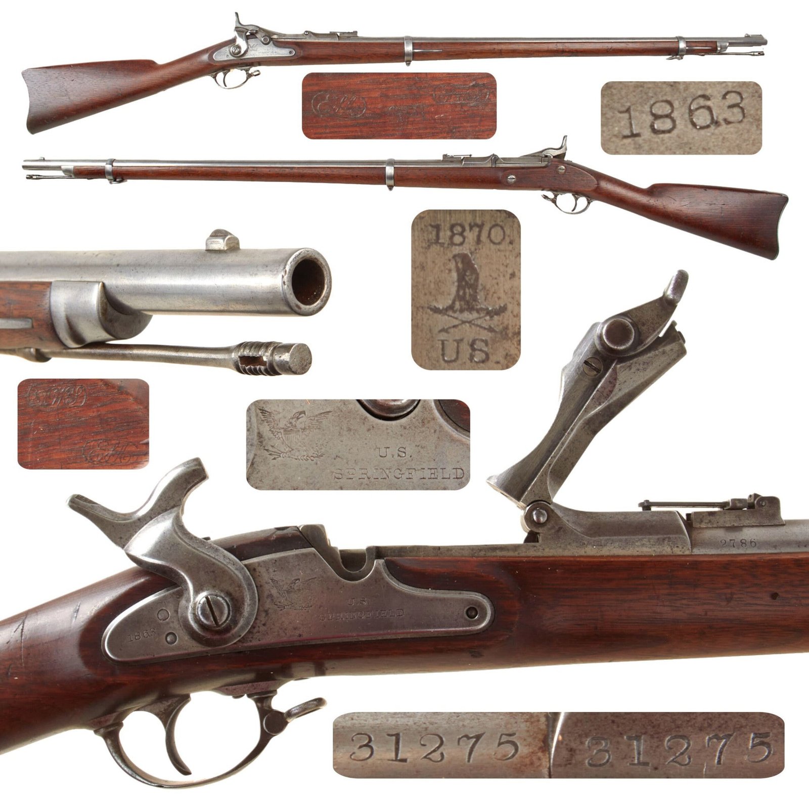 Original U.S. Excellent Civil War Springfield M-1863 Rifle Converted to M-1868 Trapdoor Rifle Using ALLIN System in 1870 with Cartouches - Serial 31275