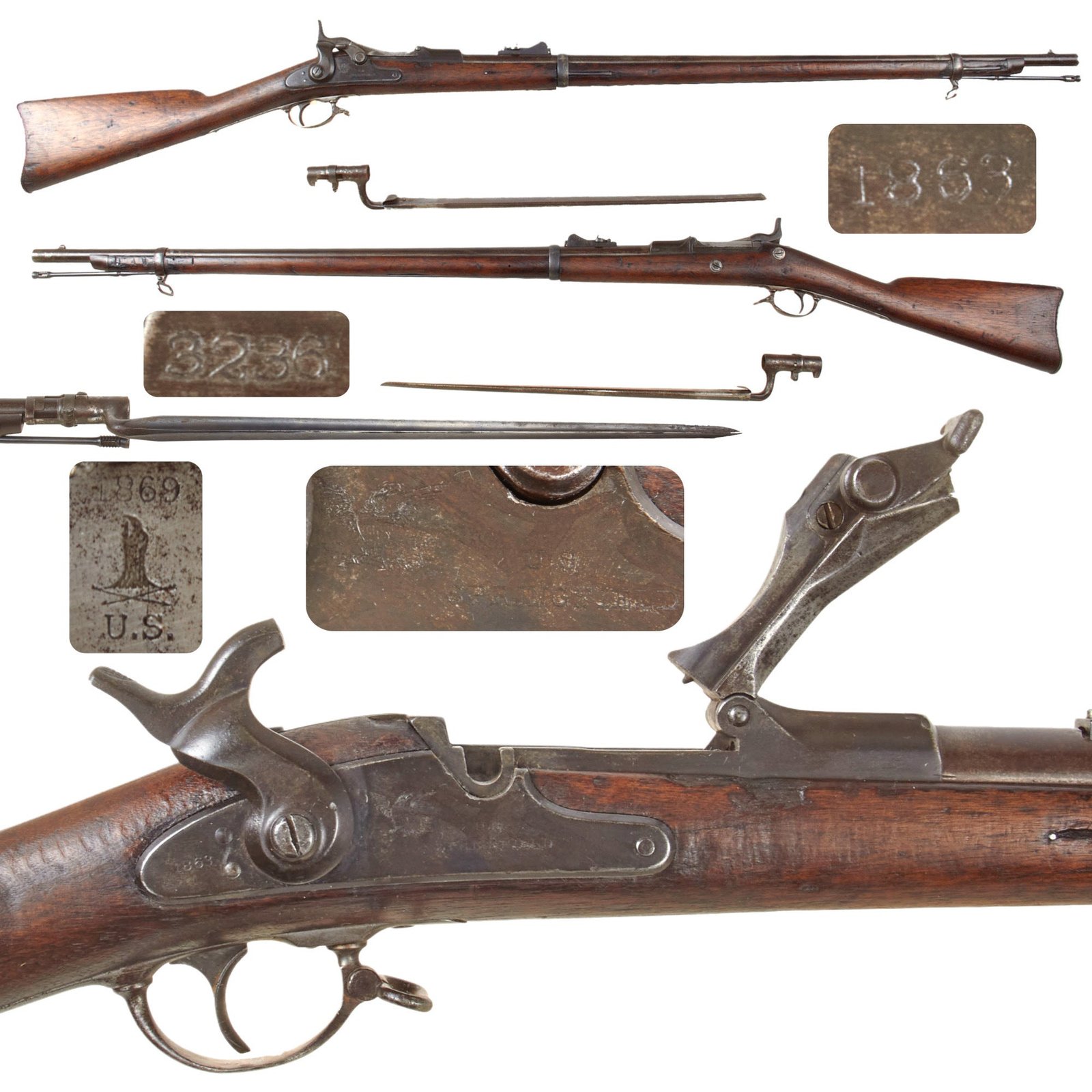 Original U.S. Civil War Springfield M-1863 Converted to M-1868 Trapdoor Rifle in 1869 and Later Rebarreled to .45-70 with Bayonet - Serial 3236