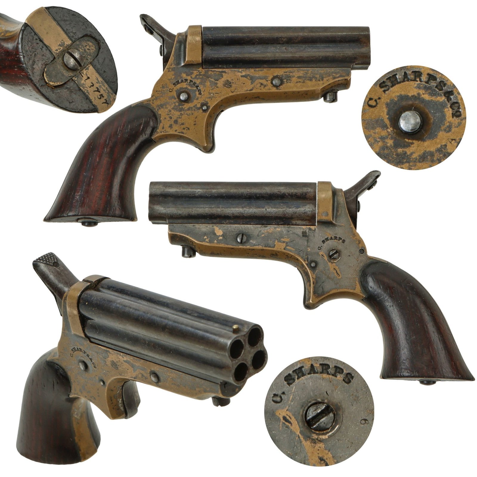 Original U.S. Sharps Model 1A .22 Rimfire 4 Barrel Brass Frame Pepperbox Pistol with Wooden Grips - Serial 13757
