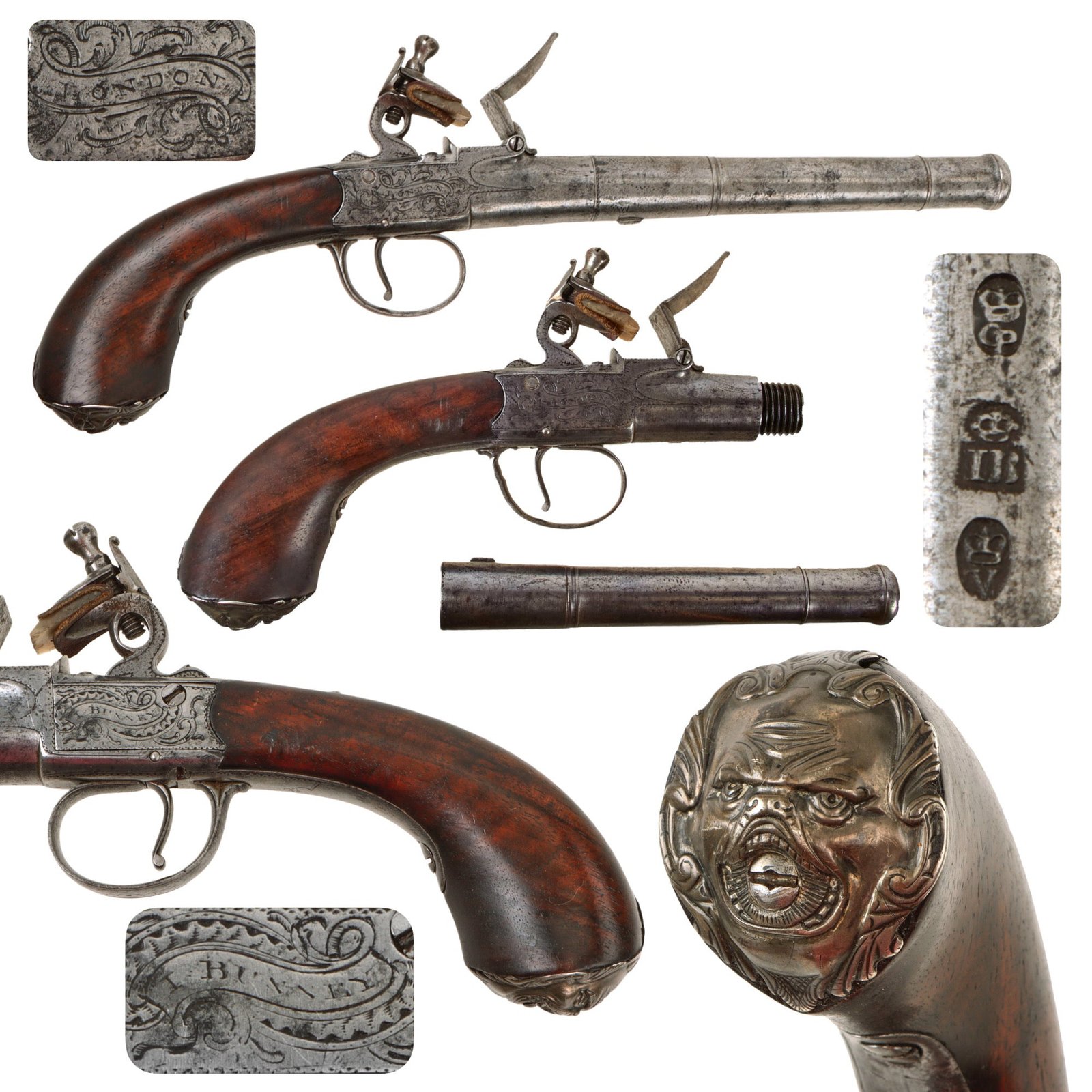 Original 18th Century English Queen Anne Flintlock Pistol by Joseph Bunney with Turn-Off Barrel, Figured Wood Grip, and Grotesque Butt Cap - Circa 1780