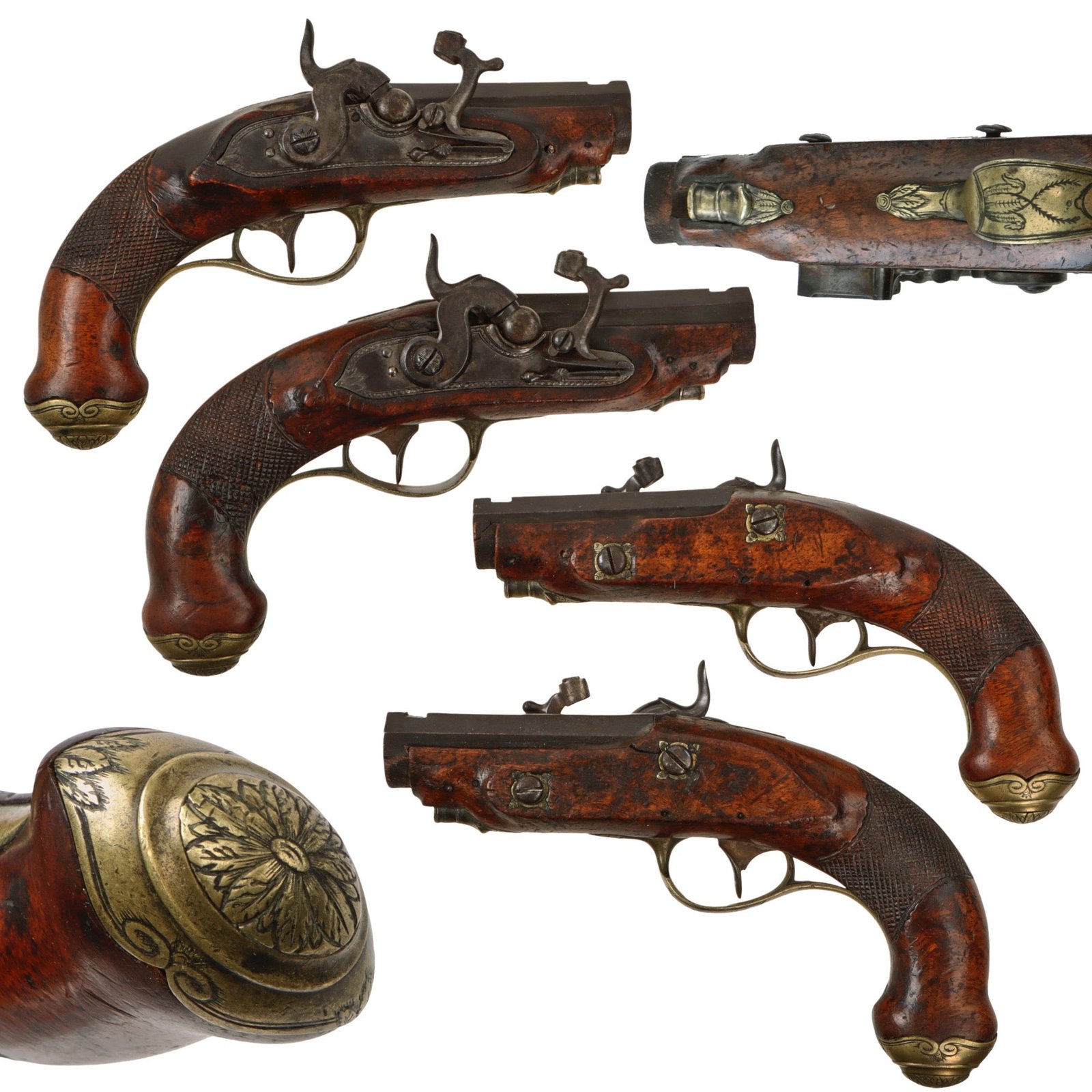 Original European Continental Matched Pair of Brass Mounted Percussion Vest Pistols with Cone Safeties - Circa 1800