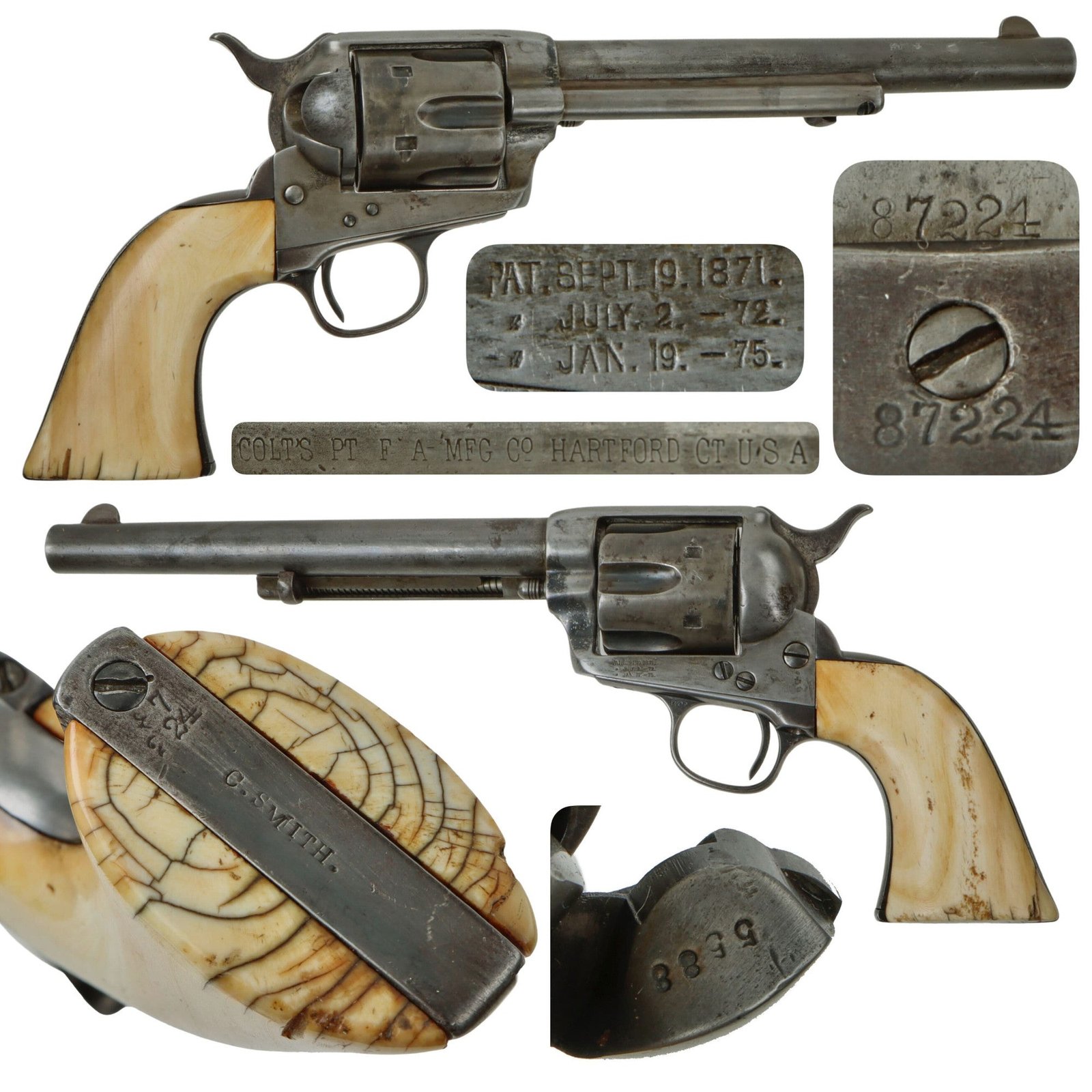 Original U.S. Colt Frontier Six Shooter .44-40 Named Revolver Made in 1883 with 7 1/2" Barrel, Ivory Grips, and Excellent Bore - Serial 87224