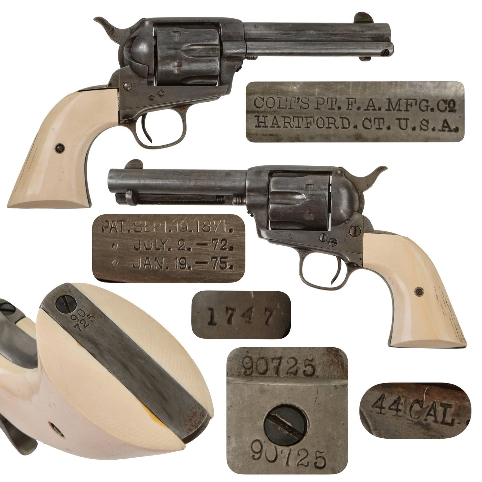 Original U.S. Colt Frontier Six Shooter SAA .44-40 Revolver Made in 1883 with 4 3/4" Barrel, Ivory Grips, and Excellent Bore - Serial 90725