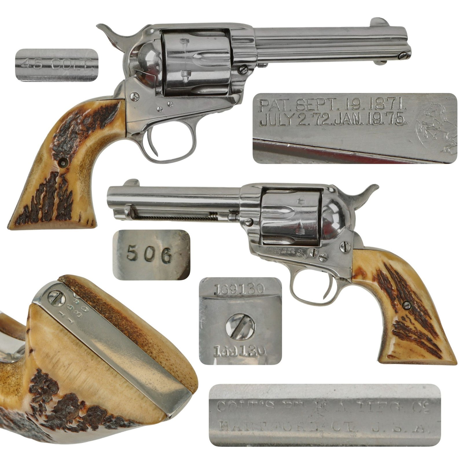 Original U.S. Colt Nickel Plated .45cal Single Action Army 4 3/4" Barrel Revolver Made in 1897 with Stag Grips - Serial 169130