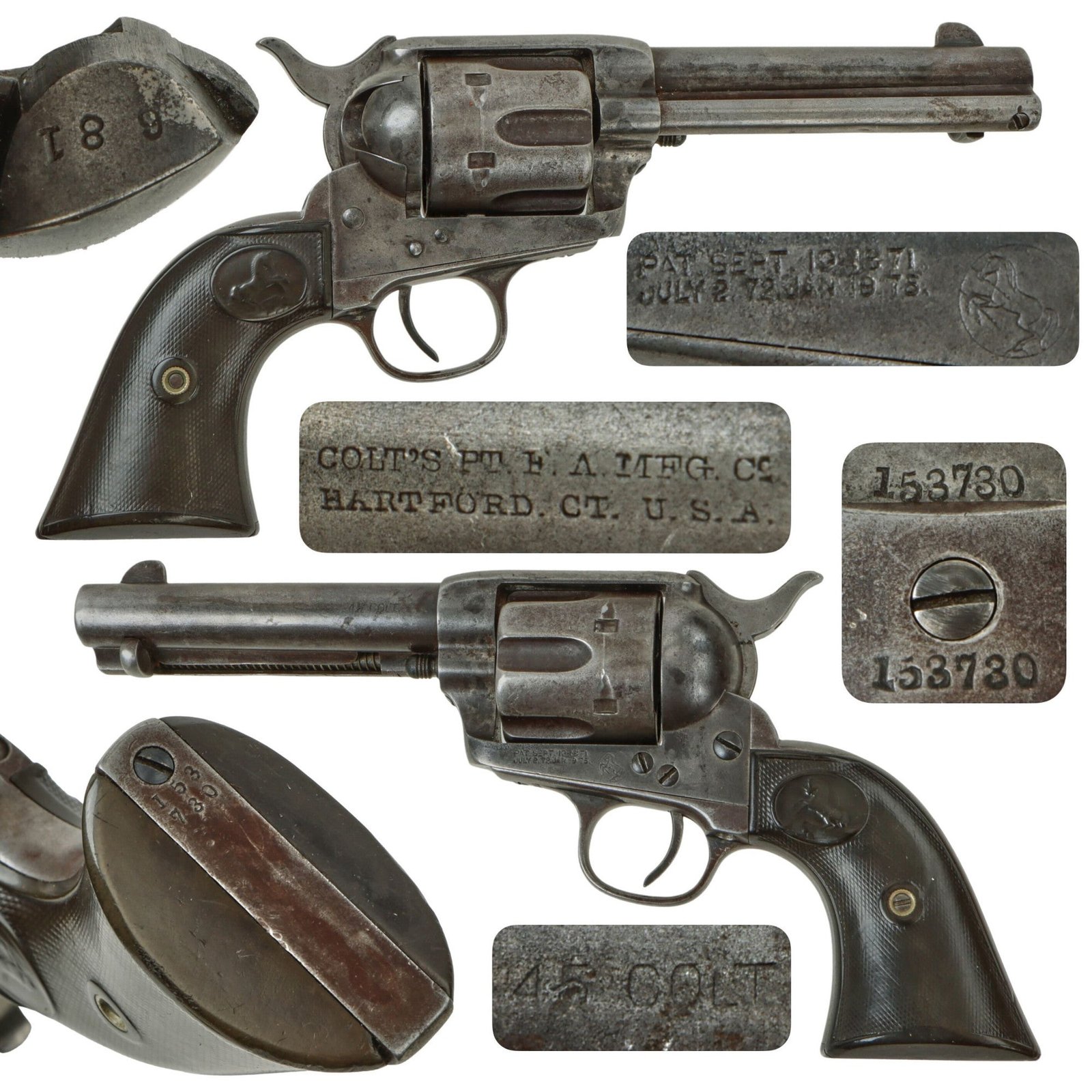 Original U.S. Colt .45cal Single Action Army Revolver Made in 1893 with 4 3/4" Barrel and Rubber Grips - Serial 153730