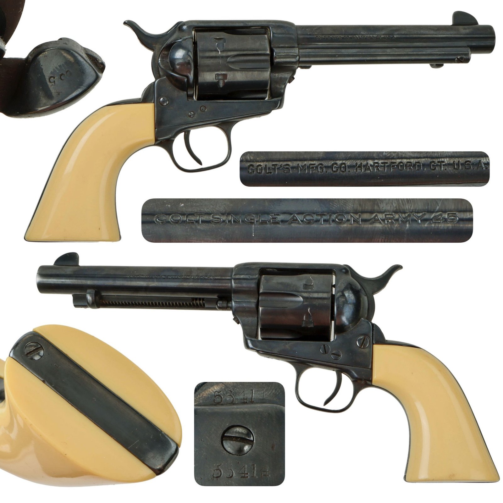 Original U.S. Colt .45cal Single Action Army Revolver Made in 1880 with Replaced 5 1/2" Barrel, Cylinder, and Faux Ivory Grips - Fully Restored - Serial 56414