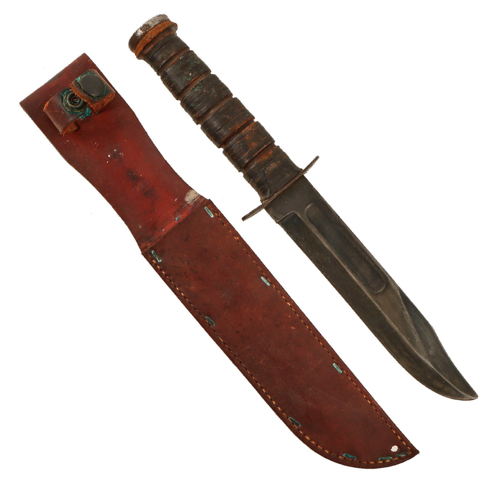 Original U.S. WWII USMC Early Blade-Marked Mark 2 KA-BAR Fighting Knife in Leather Sheath with Replaced Pommel