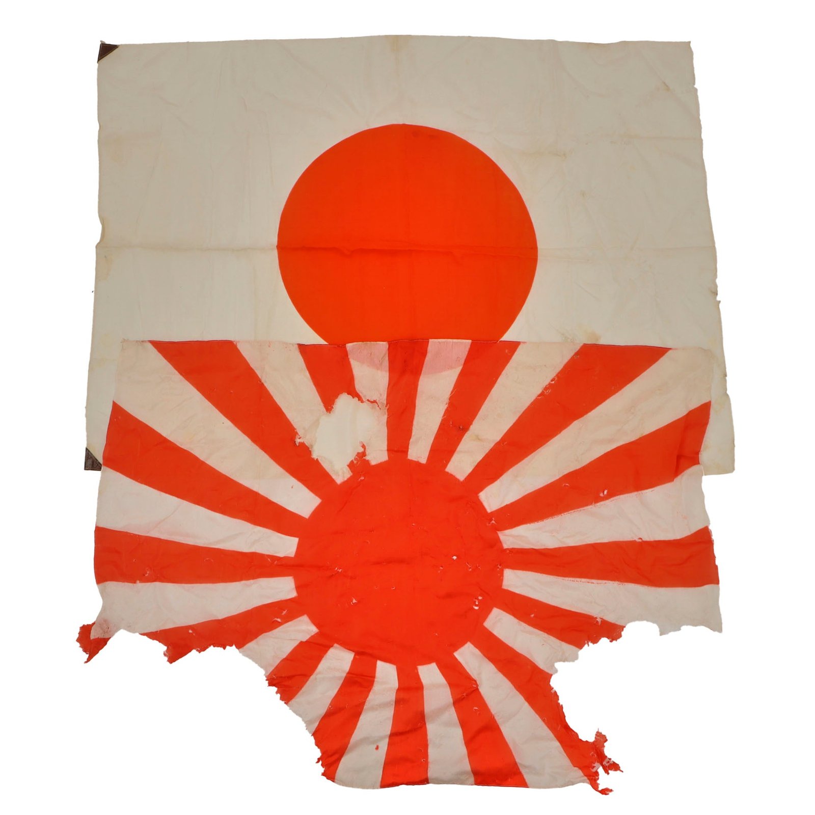 Original Japanese WWII Flag Lot - Tattered Rising Sun Flag & Meatball Flag - 26 x 35” & 27 ½ x 38”