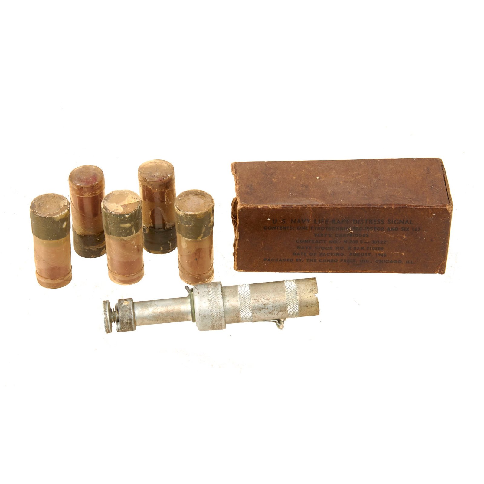 Original U.S. WWII Navy Mk-4 Hand Projector Flare Launcher with Five Flares in Original Box - Dated 1945