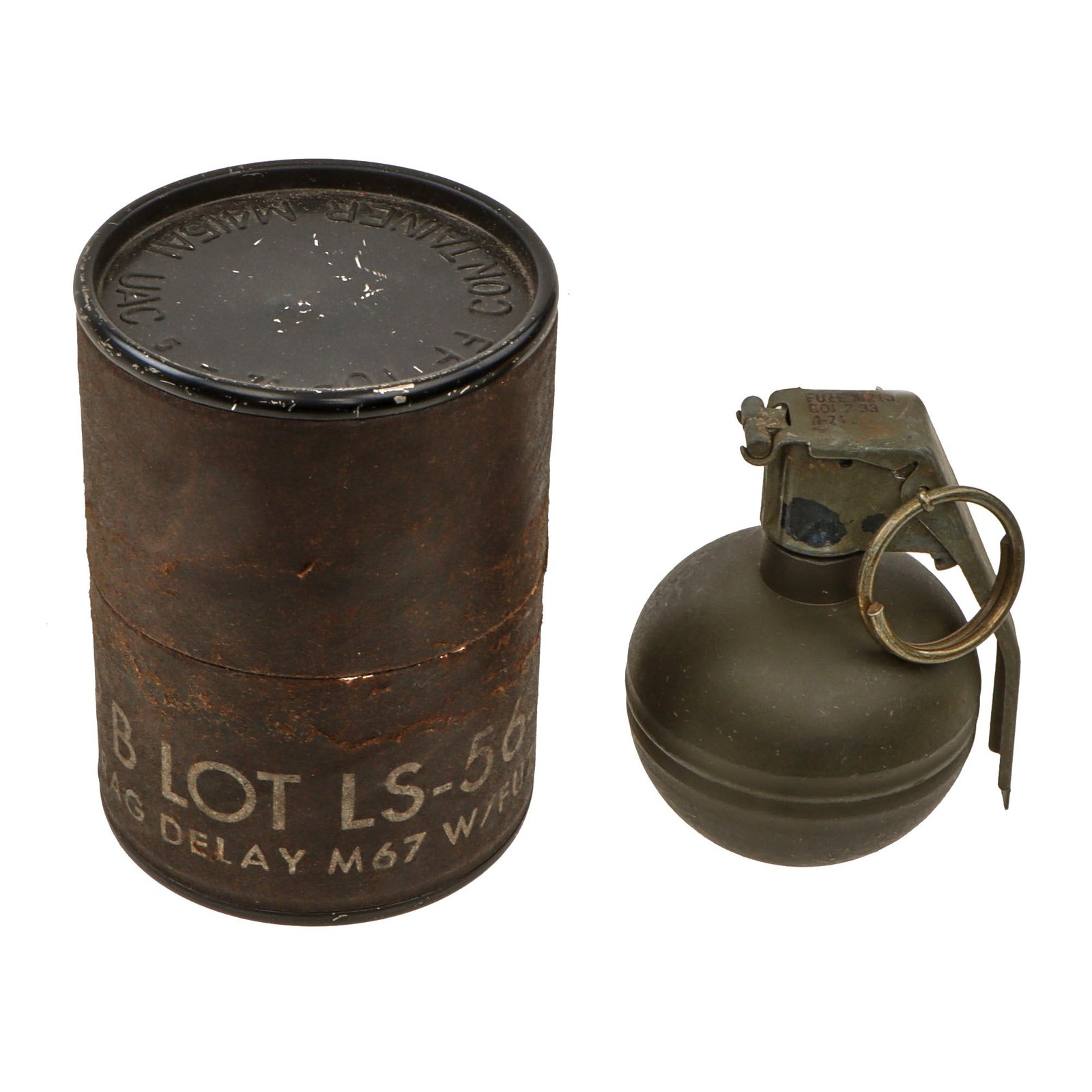 Original U.S. Vietnam War Era M67 Practice Fragmentation Hand Grenade with M213 Fuze in Original Husk - Inert