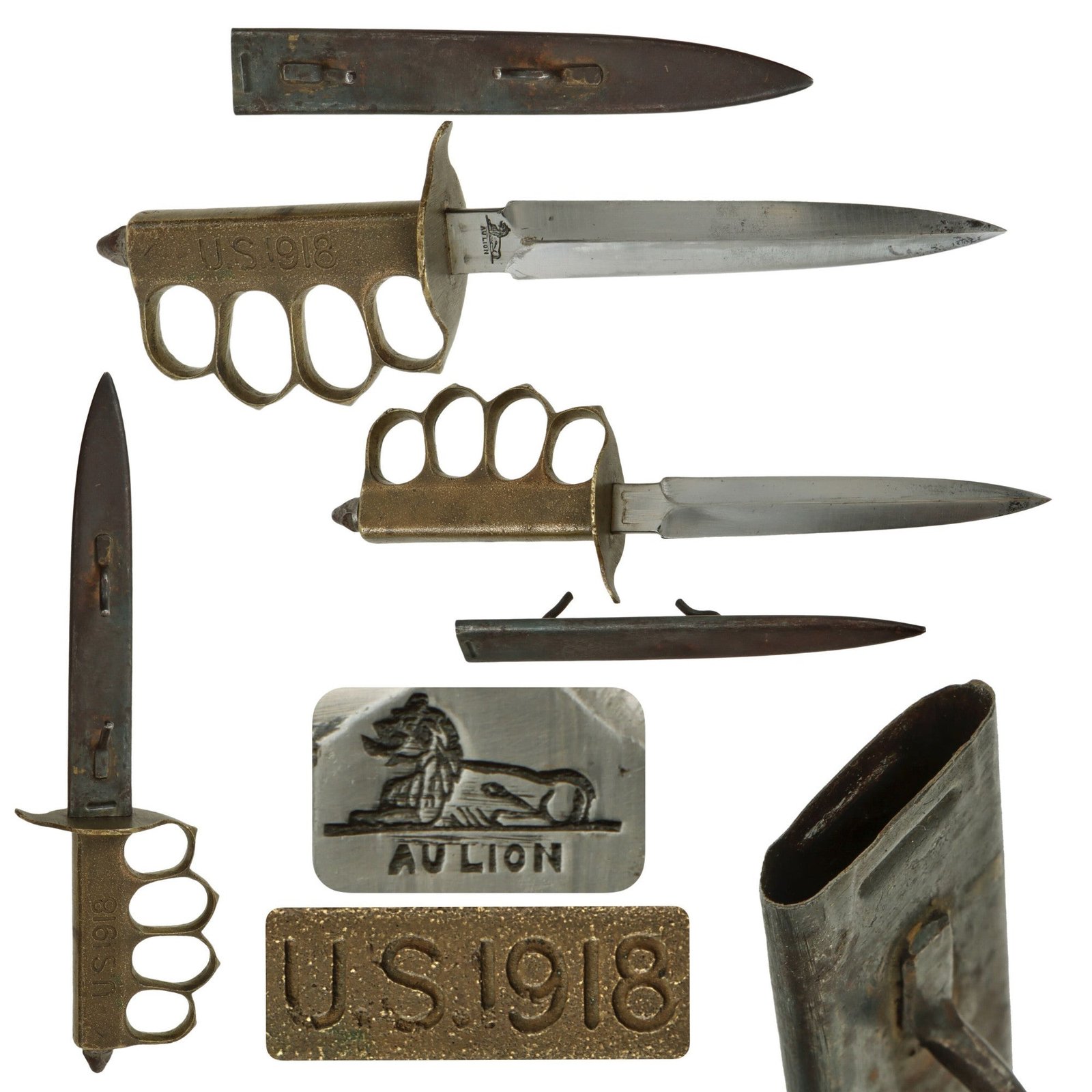 Original U.S. WWI Model 1918 French Made Mark I Trench Knife by AU LION with Correct Steel Scabbard - Excellent
