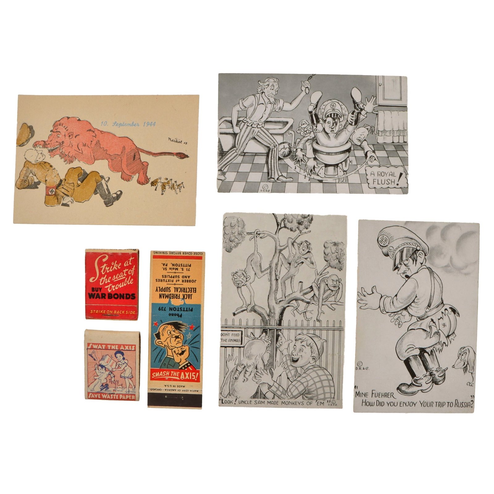 Original U.S. WWII Homefront Anti-Axis Postcard and Matchbook Lot - Seven Items Total