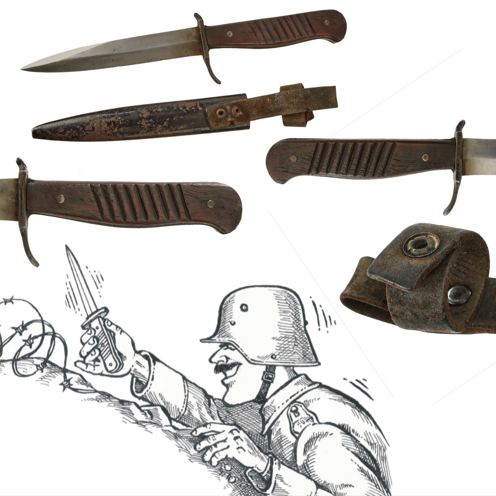 Original German WWI Trench Fighting Knife with Ribbed Grips & Original Rolled Steel Scabbard