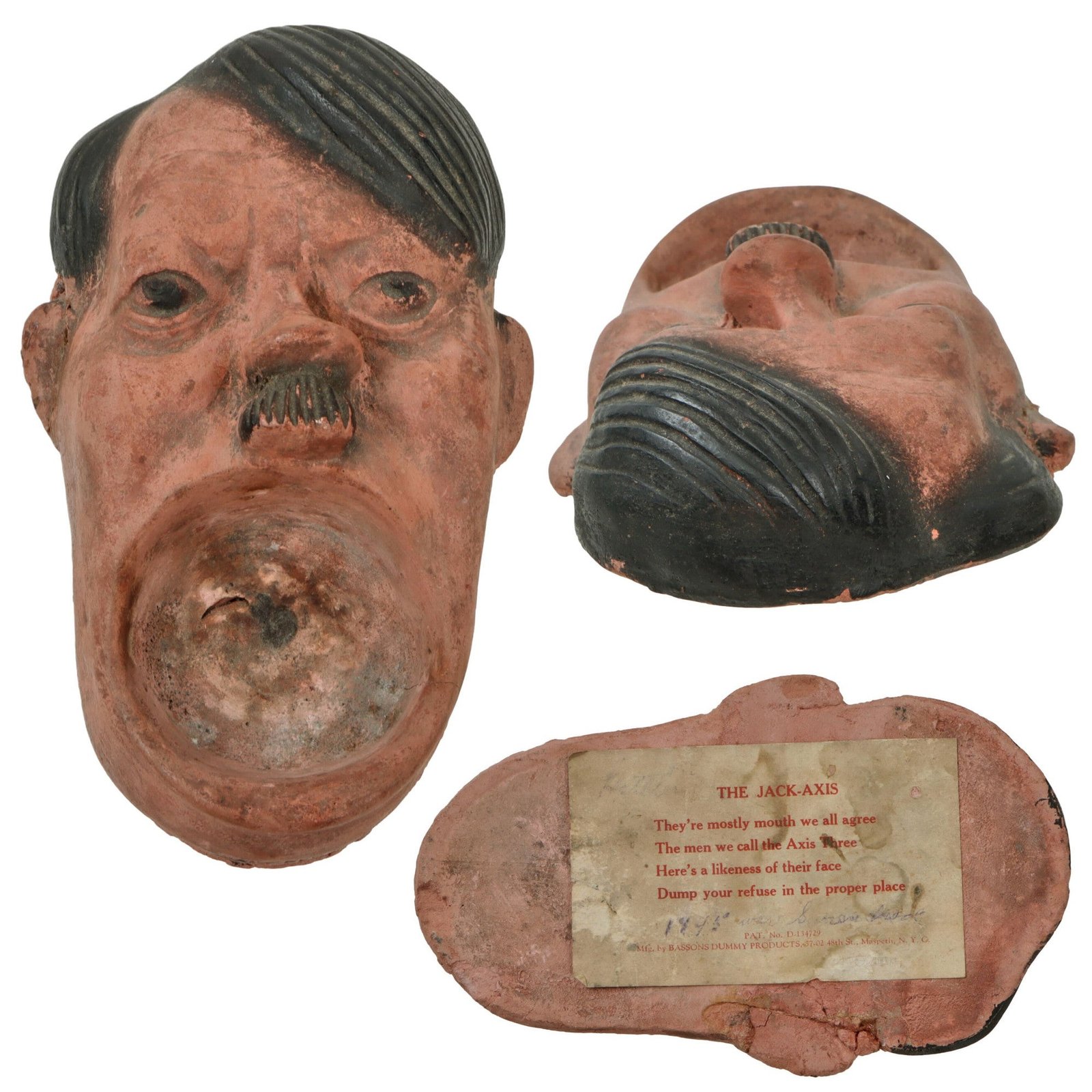 Original U.S. WWII Anti-Axis “The Jack-Axis” der Führer Adolf Ashtray by Bassons Dummy Products with Original Label