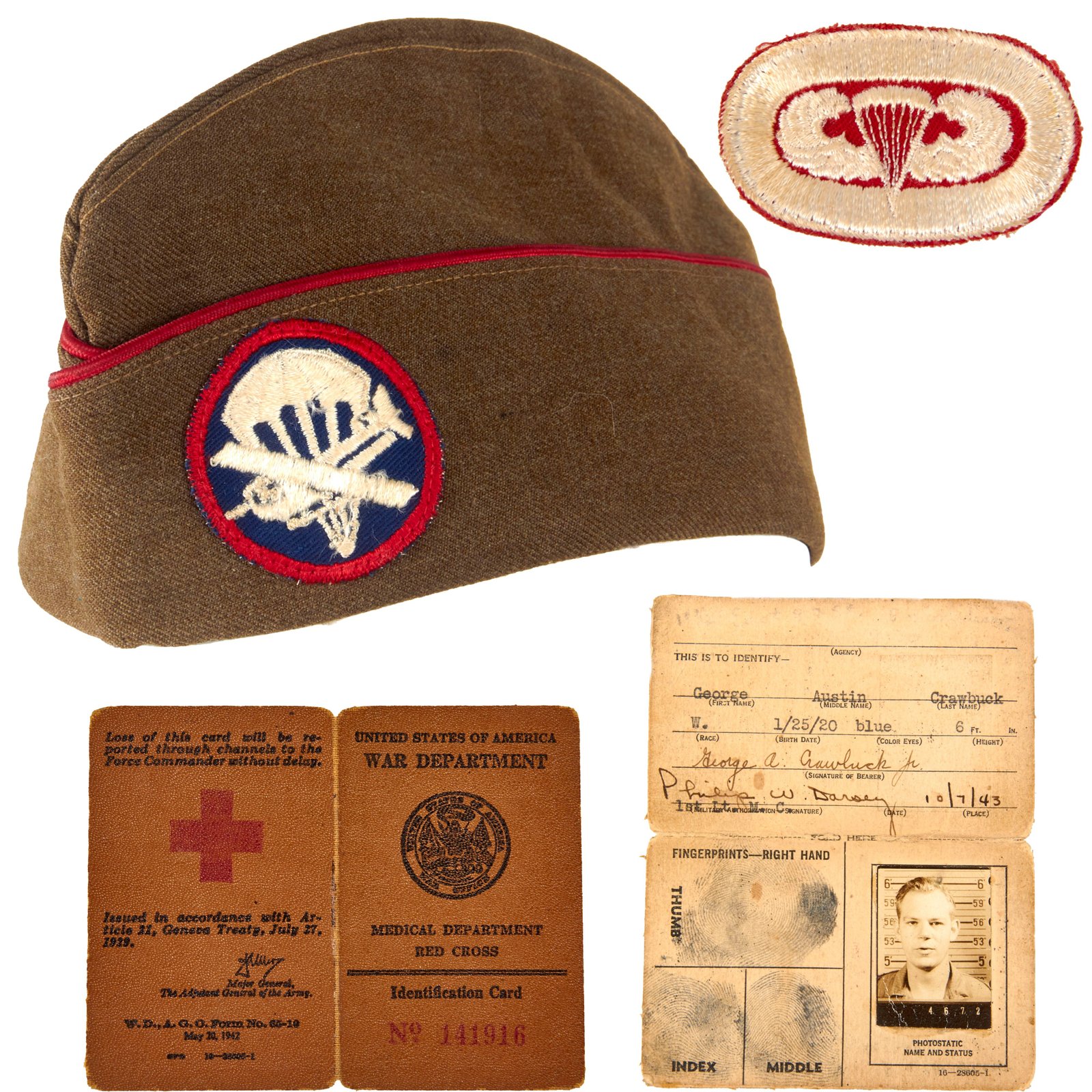 Original U.S. WWII Airborne Enlisted Artillery Garrison Cap with Jump Oval with Red Cross ID Card - Size 6 ⅞
