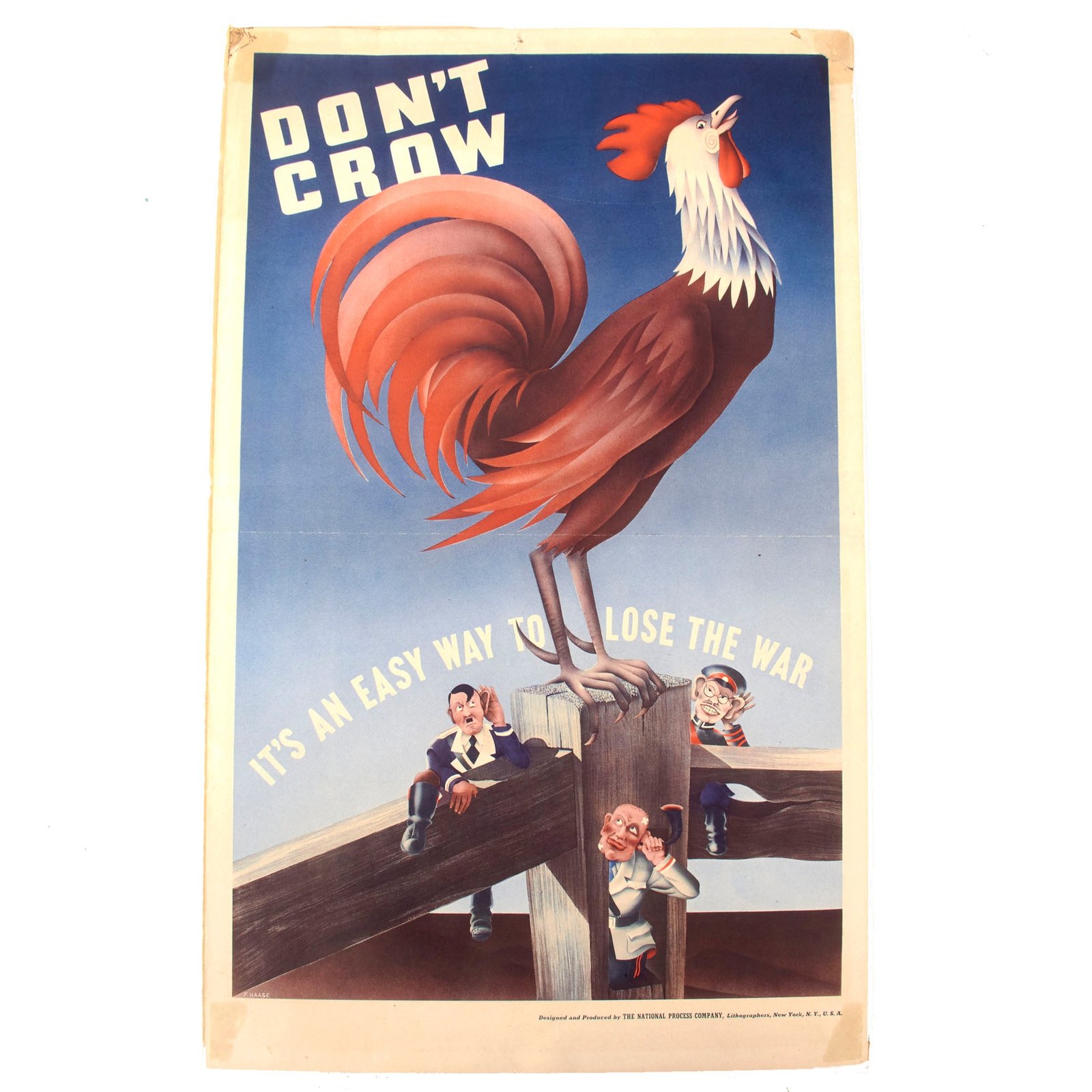 Original U.S. WWII “Don’t Crow” Rooster Poster with AH, Mussolini, and Tojo - 12 x 19”