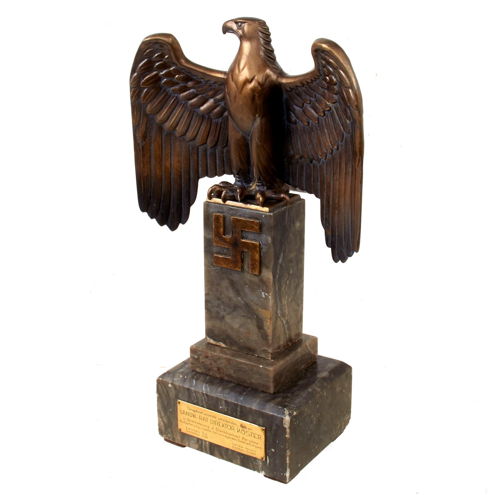 Original German WWII NSDAP Bronze Presentation Eagle with Agricultural Council Director Dedication on Brown Marble Plinth - 16 1/4" Tall