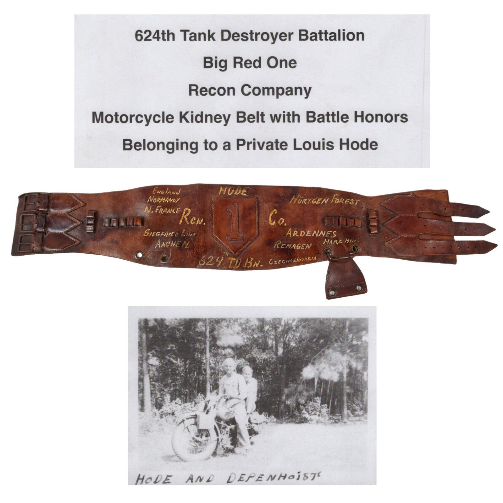 Original U.S. WWII 1st Infantry Division Custom Motorcyclist’s Kidney Belt with Battle Diary and Hand-Cut Leather 1st ID Insignia - Private Louis Hode, WIA, 624th Tank Destroyer Battalion