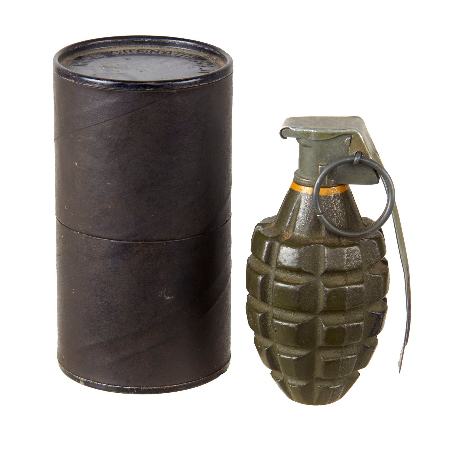 Original U.S. WWII Inert MkII Pineapple Practice Grenade with Yellow Ring & M10A3 Fuze in Original Husk