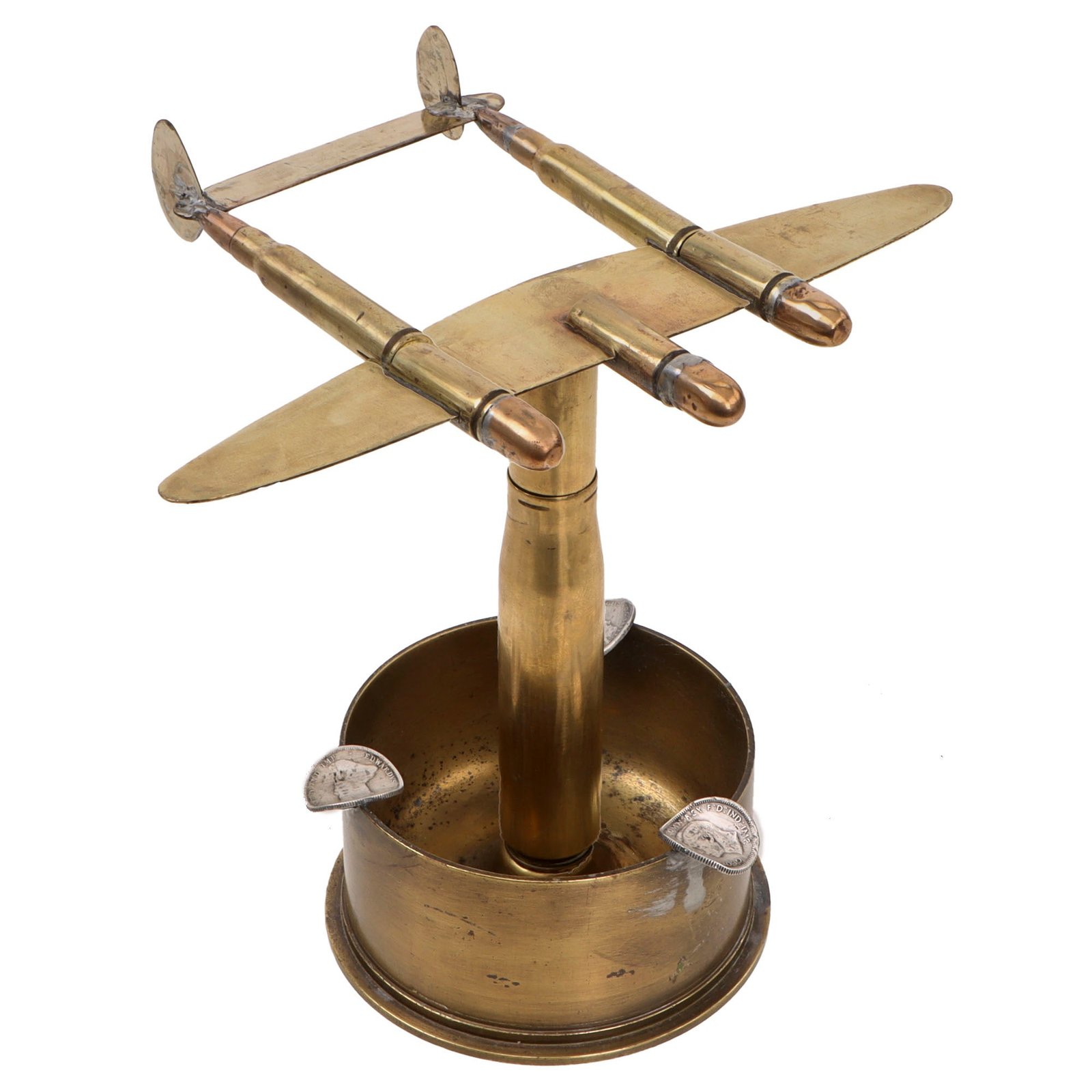 Original U.S. WWII P-38 Lightning Trench Art Brass Ashtray - Shell Dated September 1942
