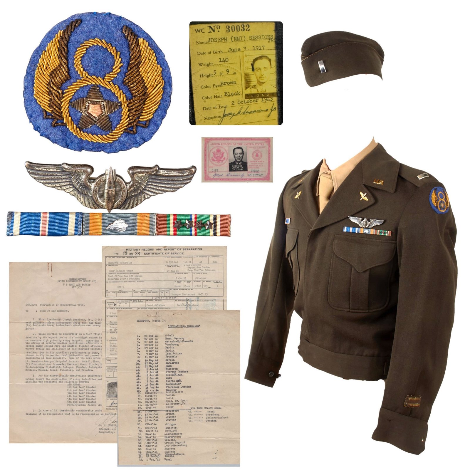 Original U.S. WWII 8th Air Force Distinguished Flying Cross Recipient Bombardier Lt. Joseph Sessions Jr. Uniform & Binder Grouping with Original Discharge Documents & Garrison Cap - Air Medal with 6 OLCs