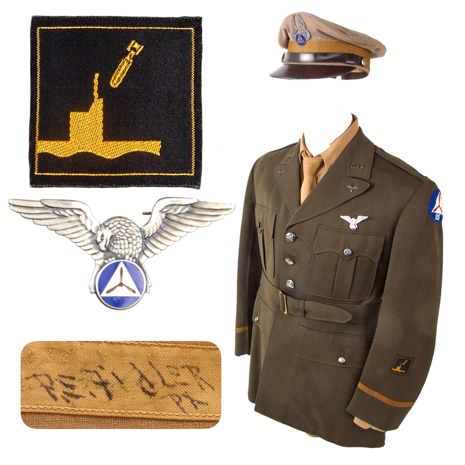 Original U.S. WWII Civil Air Patrol Coastal Patrol Pilot’s Uniform Group with Officer’s Visor & Garrison Caps
