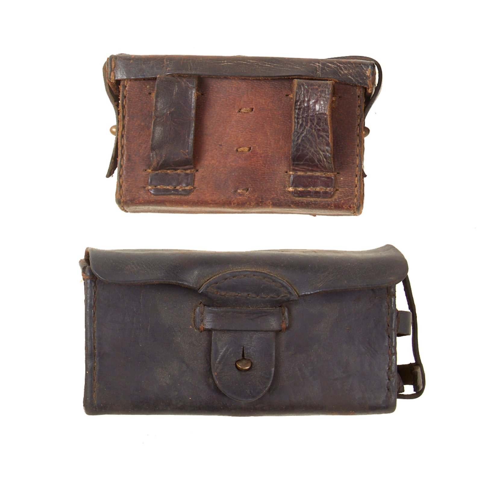 Original Japanese WWII Rifleman’s Early War Leather Arisaka Ammunition Pouch Set - Front and Back Pouches