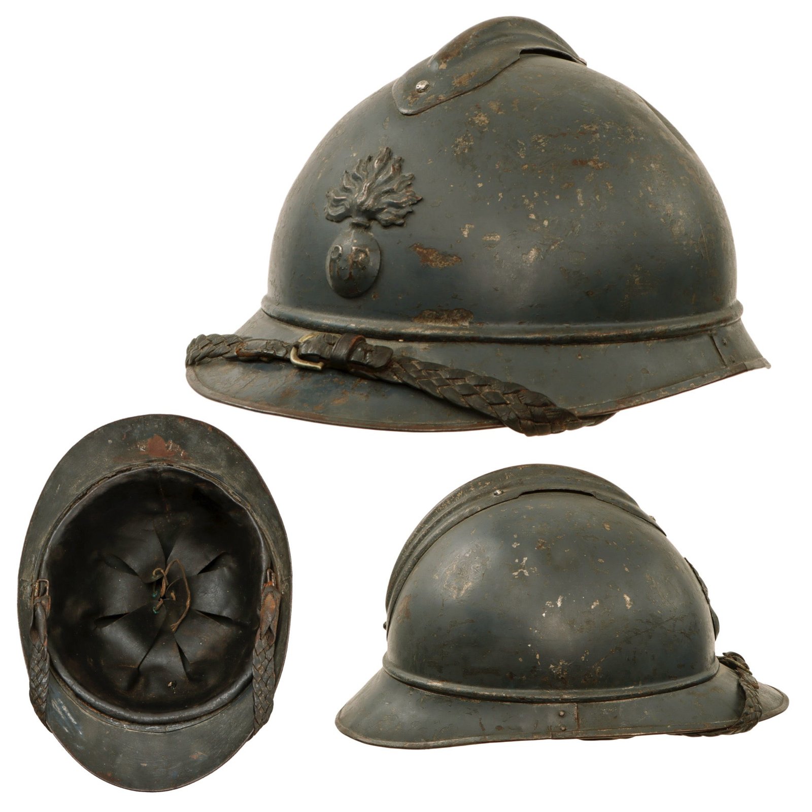 Original French WWI Officer's M1915 Adrian Infantry Helmet with 1st Pattern Liner and Fantastic Braided Officer’s Leather Chinstrap - Rare Large Size