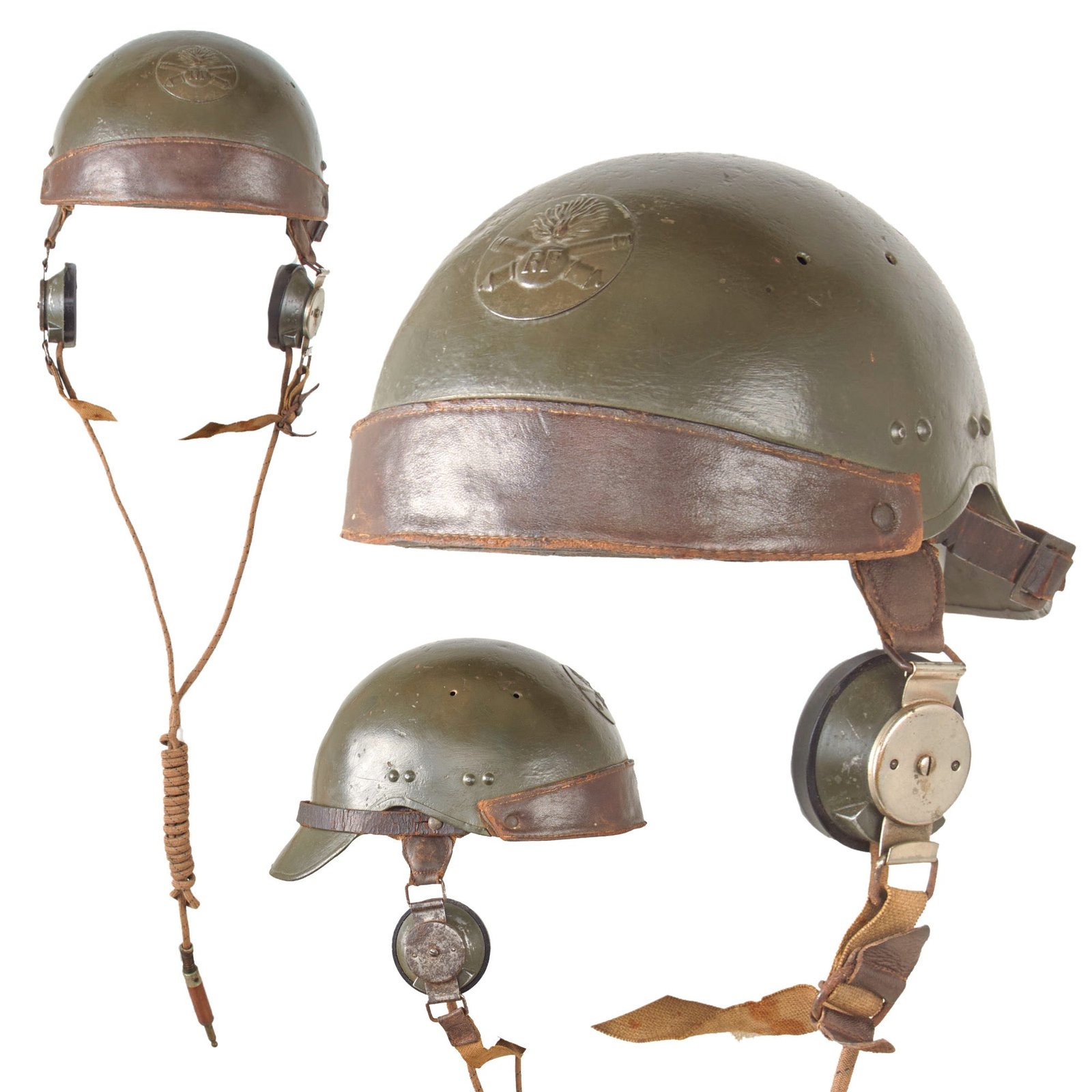 Original French WWII Model 1935 Tanker Armored Vehicle Helmet with Rare Communications Headset & Crossed Cannons RF Badge