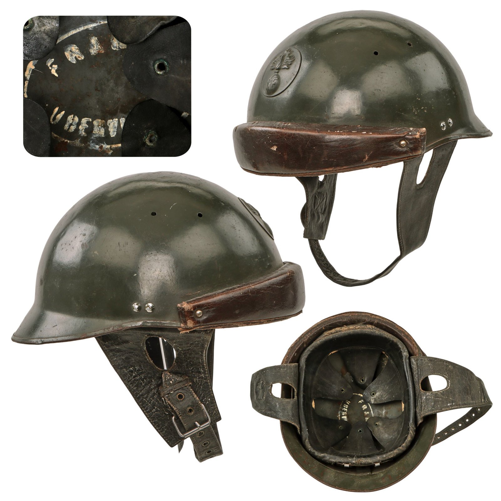 Original French WWII Model 1935 Tanker Armored Vehicle Helmet with R.F. Badge