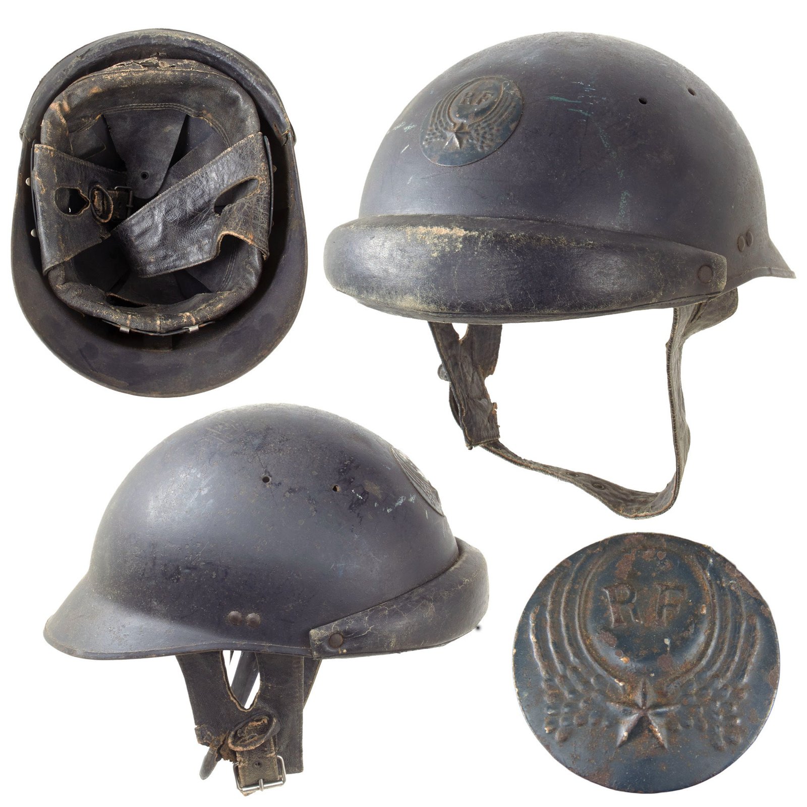 Original French WWII Model 1935 Tanker Armored Vehicle Helmet with Air Force RF Badge