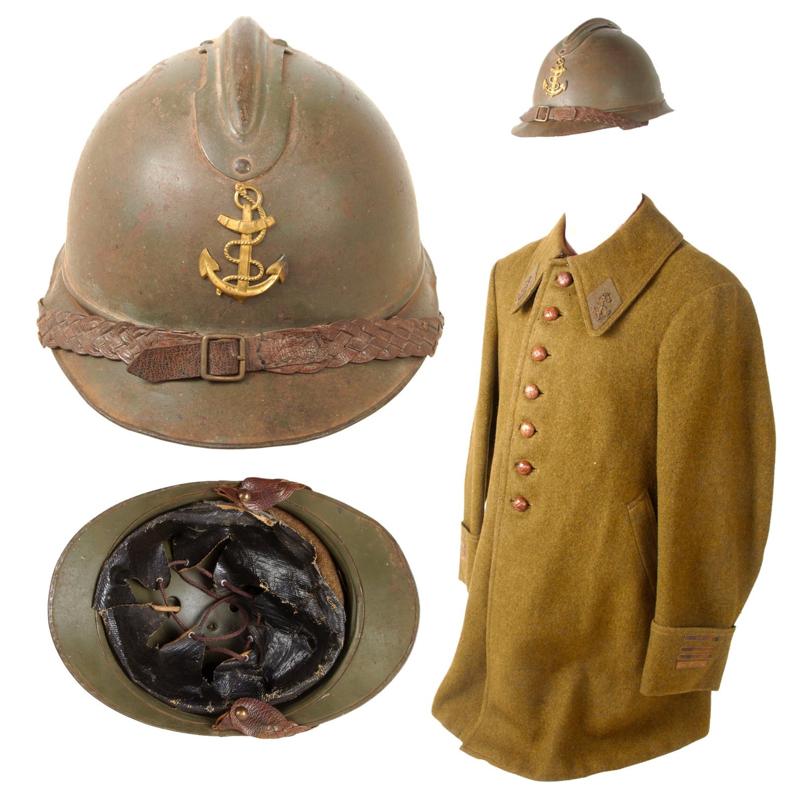 Original French WWI Colonial Infantry Major Officer’s Greatcoat & Private Purchase M1915 Adrian Helmet with Braided Chinstrap & Anchor Badge - Excellent