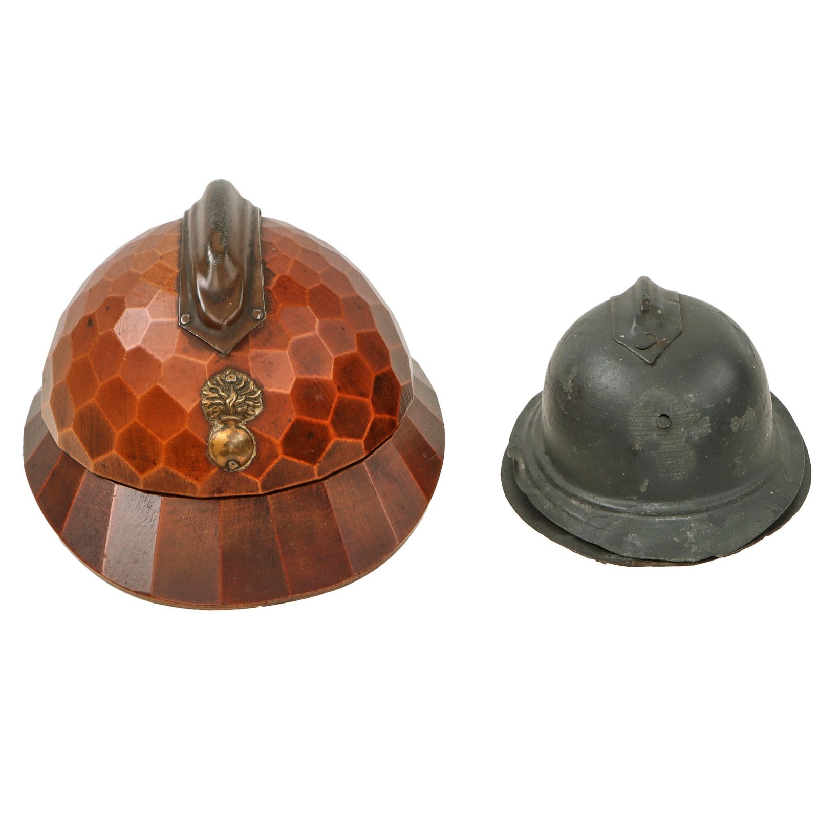 Original French WWI Era Adrian Helmet Wooden Trinket Box with Rough Adrian Inkwell Cover