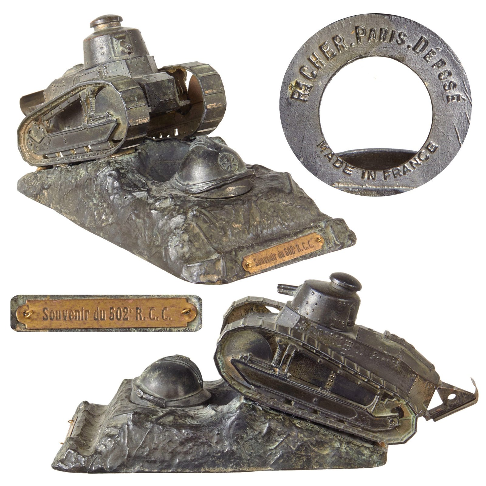 Original French Pre-WWII Renault FT Light Tank Desk Model Display with Armored Helmet Inkwell Cover & 502nd Combat Tank Regiment Regiment Plaque - Missing Inkwell