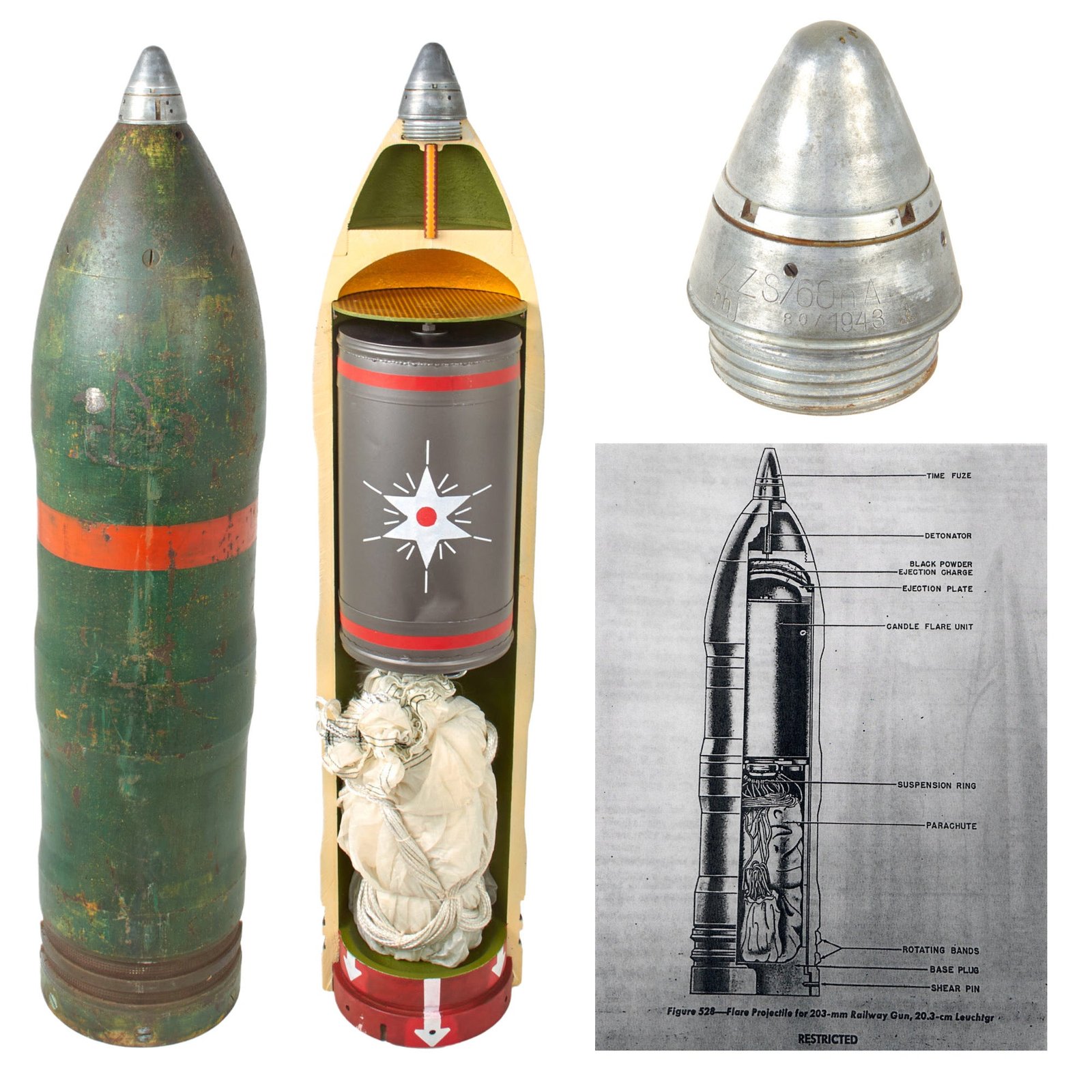 Original German WWII Inert 203mm Railway Gun Flare Projectile EOD Training Cutaway - Outstandingly Rare
