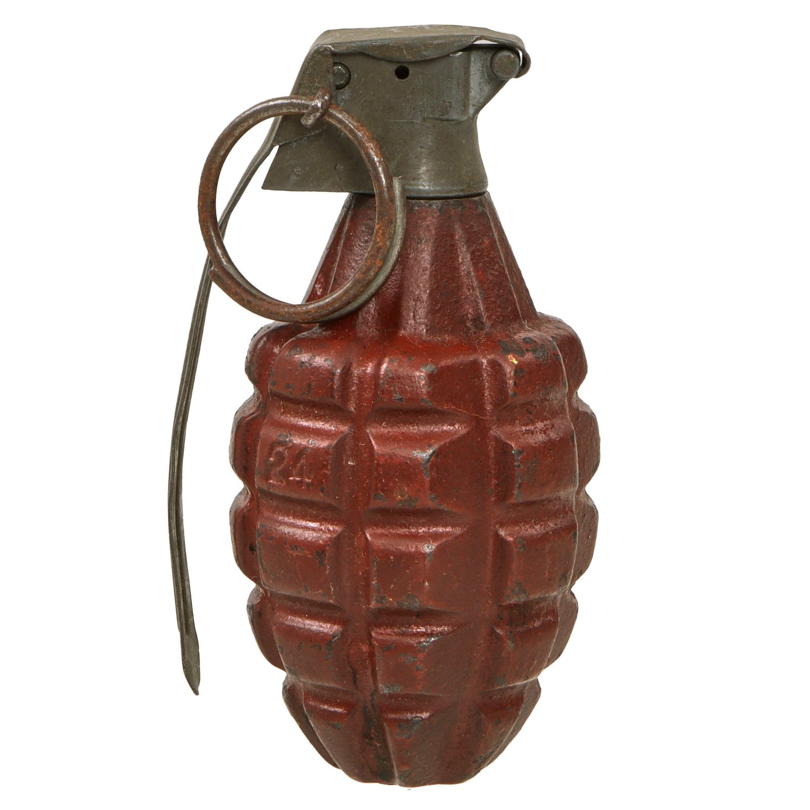 Original U.S. WWII Era Inert MkII Pre War Red Practice Pineapple Grenade with Unmarked Fuze - Circa 1920-1930