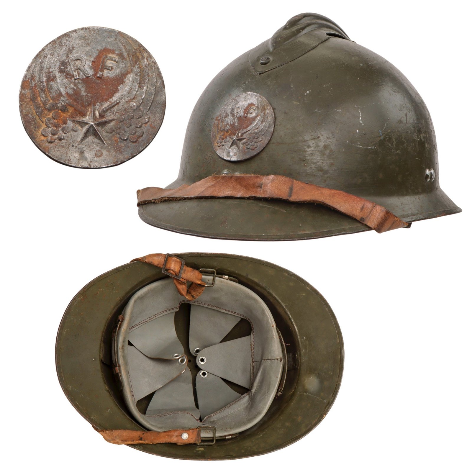 Original French WWII M1926 Adrian Helmet with Chinstrap & French Air Force Badge - Replacement Liner