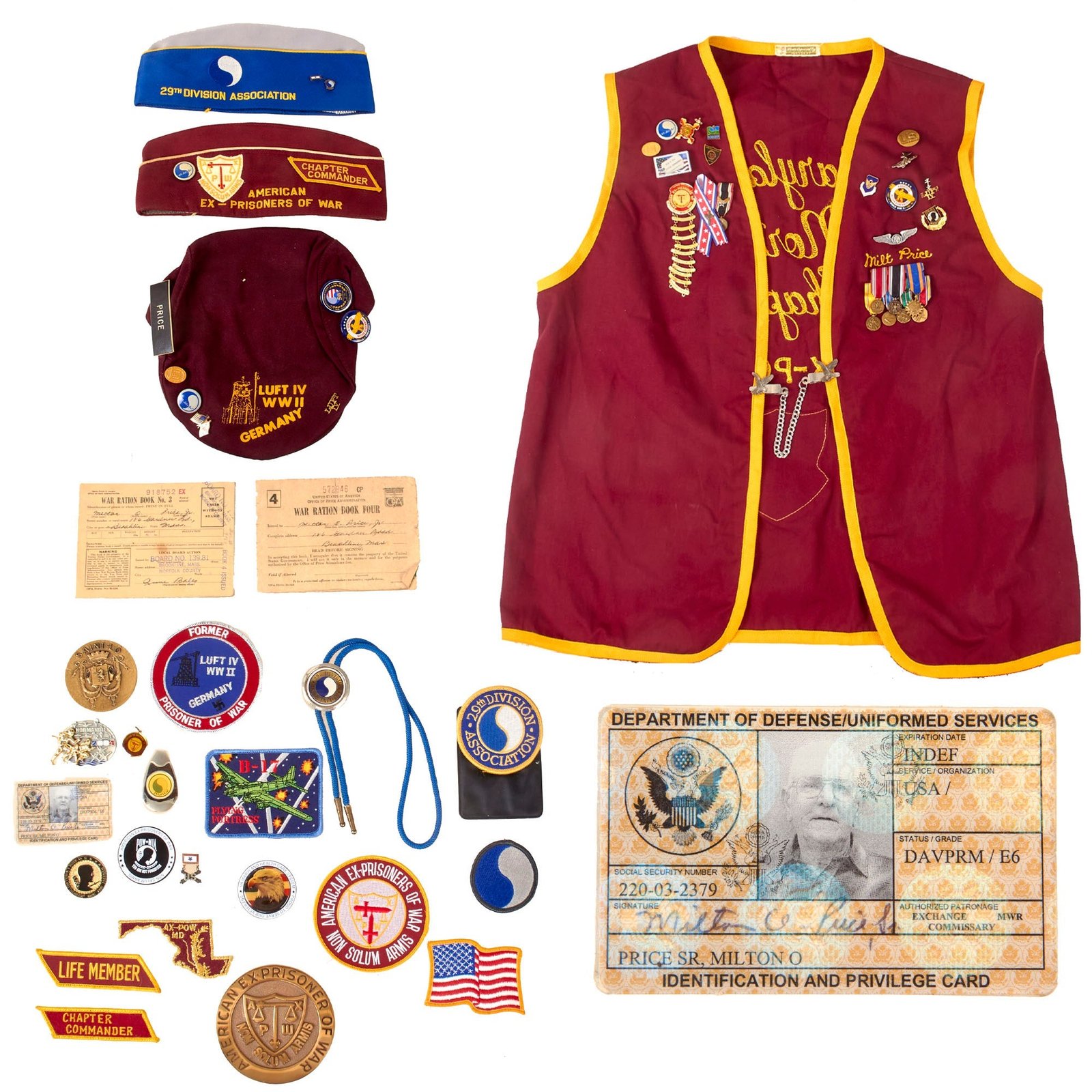 Original U.S. WWII 29th Infantry Division & AAF Stalag Luft IV POW Veteran Grouping with MIA Western Union Telegram, Veterans’ Vest with Mini-Medal Bar and Pins, and a Lot of Veterans Association Ephemera - Sergeant Milton O. Price