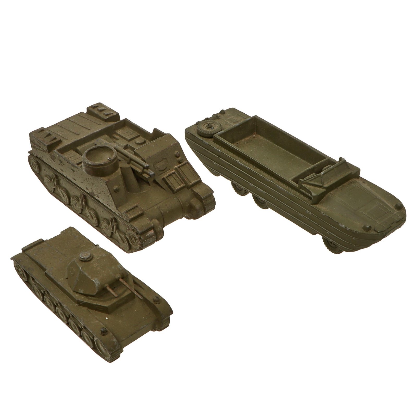 Original U.S. WWII Vehicle Identification Model Set with 105mm Howitzer Motor Carriage, DUKW (Duck) Amphibious Vehicle, and German Panzer II