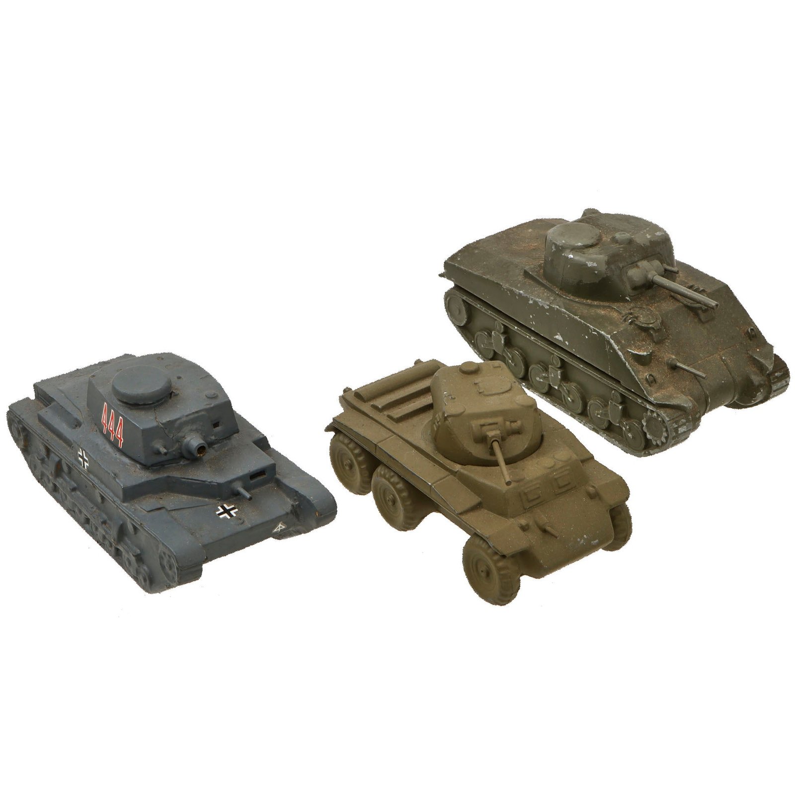 Original U.S. WWII Vehicle Identification Model Set with T17 Deerhound Armored Car, M4 Sherman Tank, and Damaged German Tank Repainted with Decals